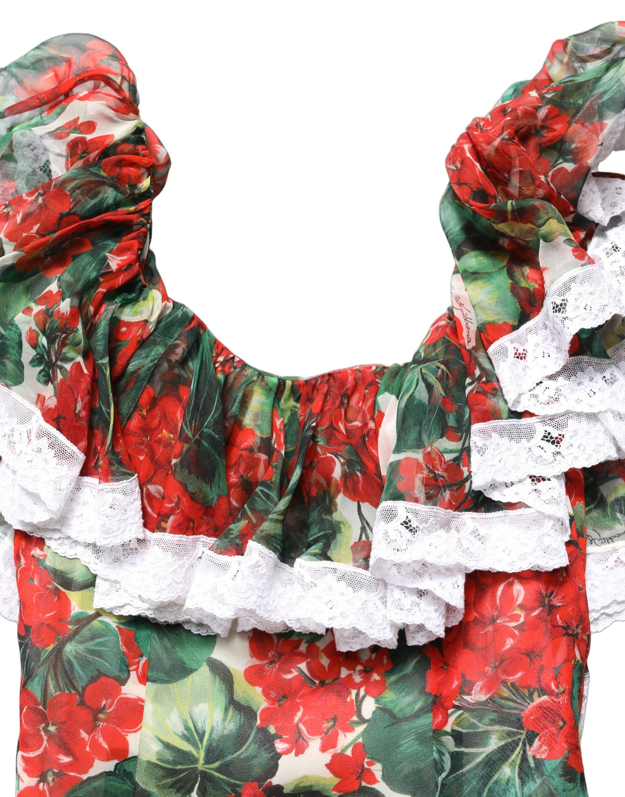 Elevate your elegance with the Dolce & Gabbana Multicolor Geranium Flower Lace Maxi Dress, a luxurious blend of silk and cotton, embodying haute couture sophistication.