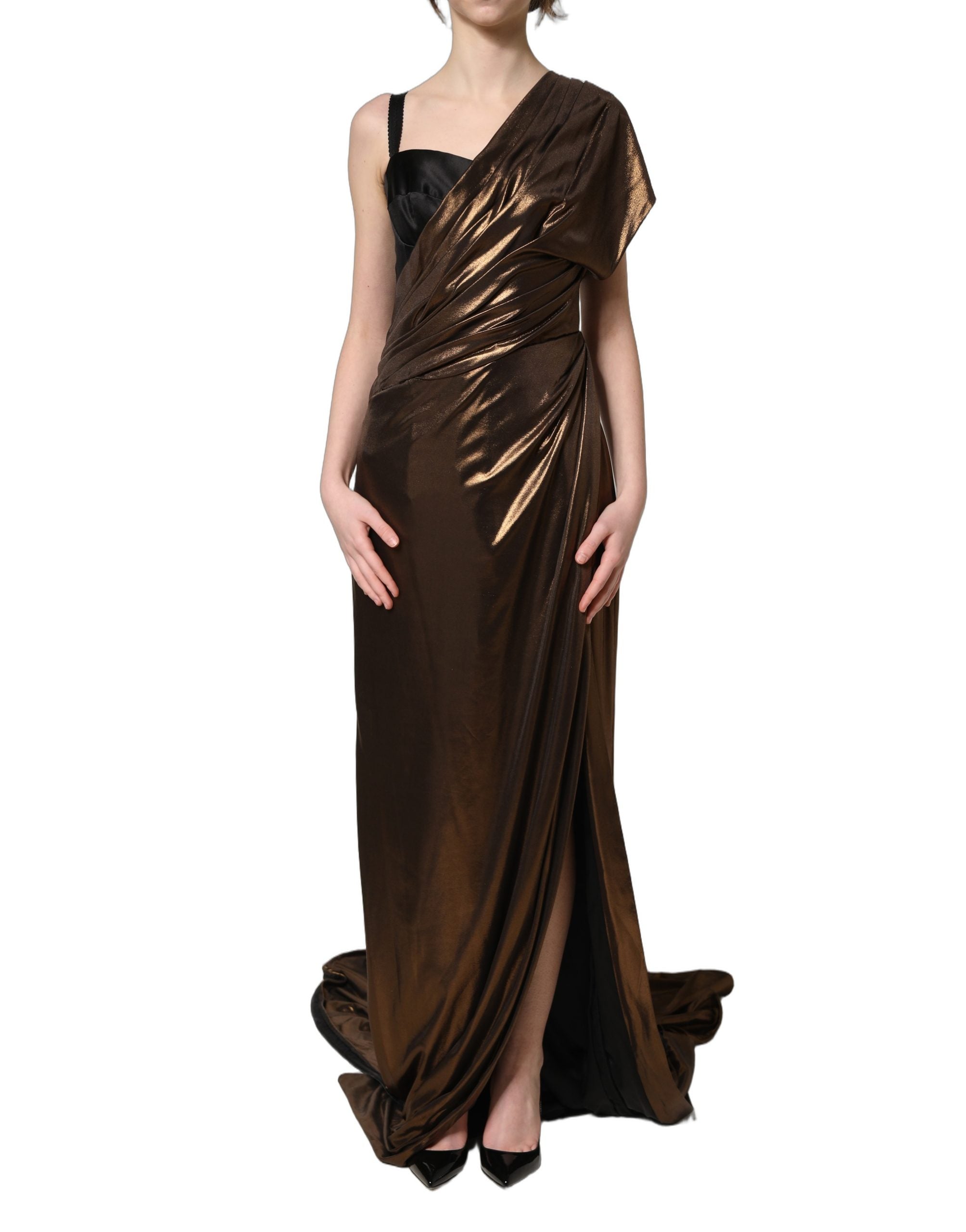 Elevate your elegance with the Dolce & Gabbana Bronze Asymmetrical Draping One Shoulder Dress, a masterpiece of luxurious viscose and silk, embodying timeless sophistication.