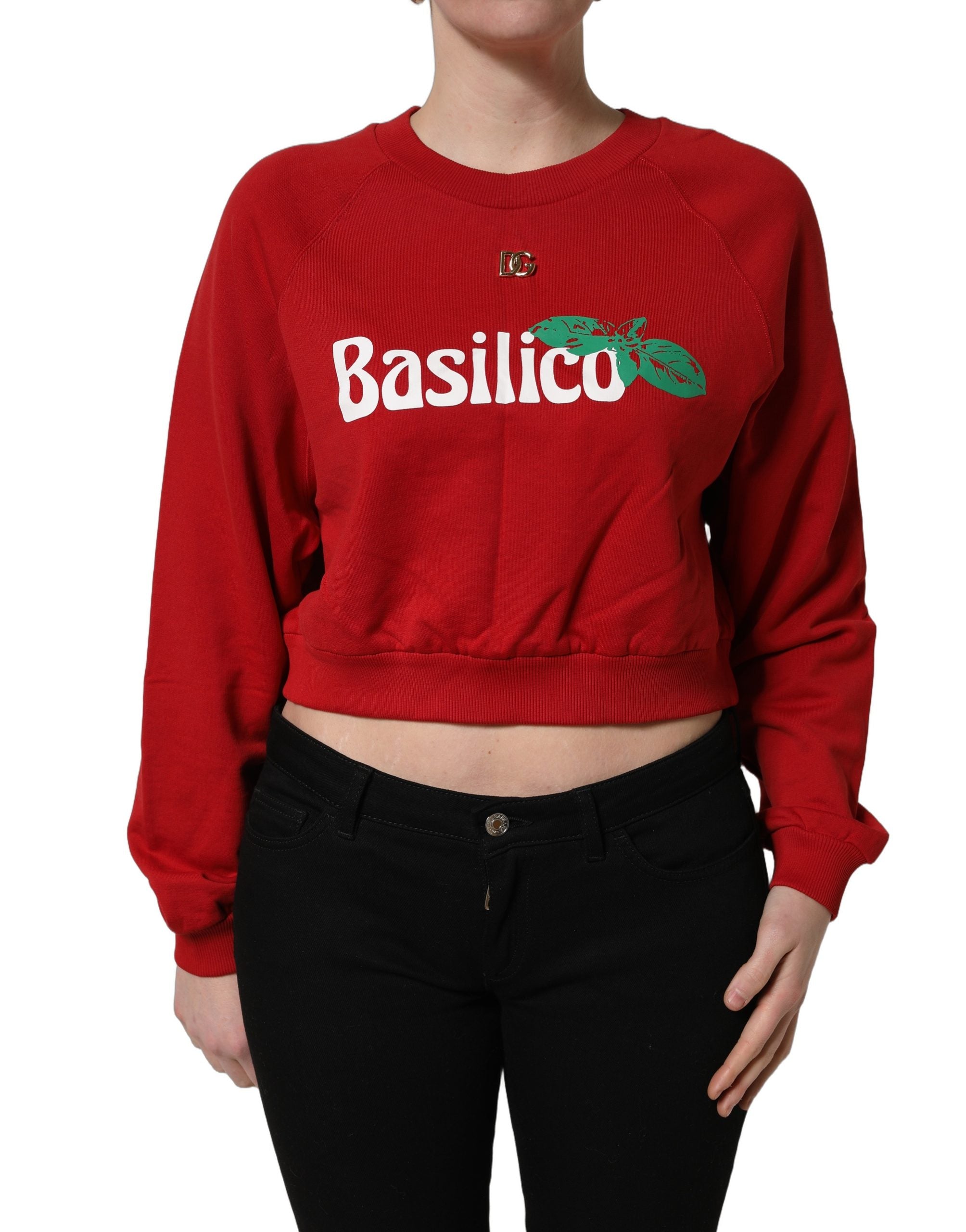 Elevate your wardrobe with the Dolce & Gabbana Red Cotton Cropped Basilico Sweatshirt, a stunning blend of relaxed elegance and Italian craftsmanship for the discerning individual.