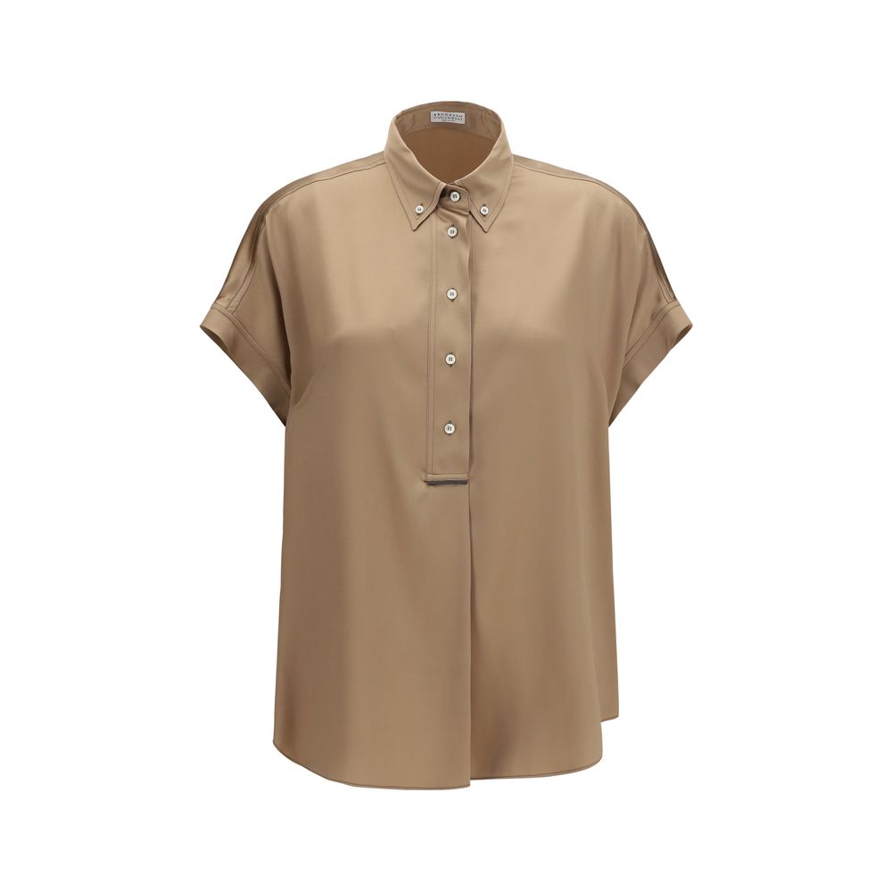 Brunello Cucinelli Beige Silk Shortsleeve Shirt | Artisanal Elegance