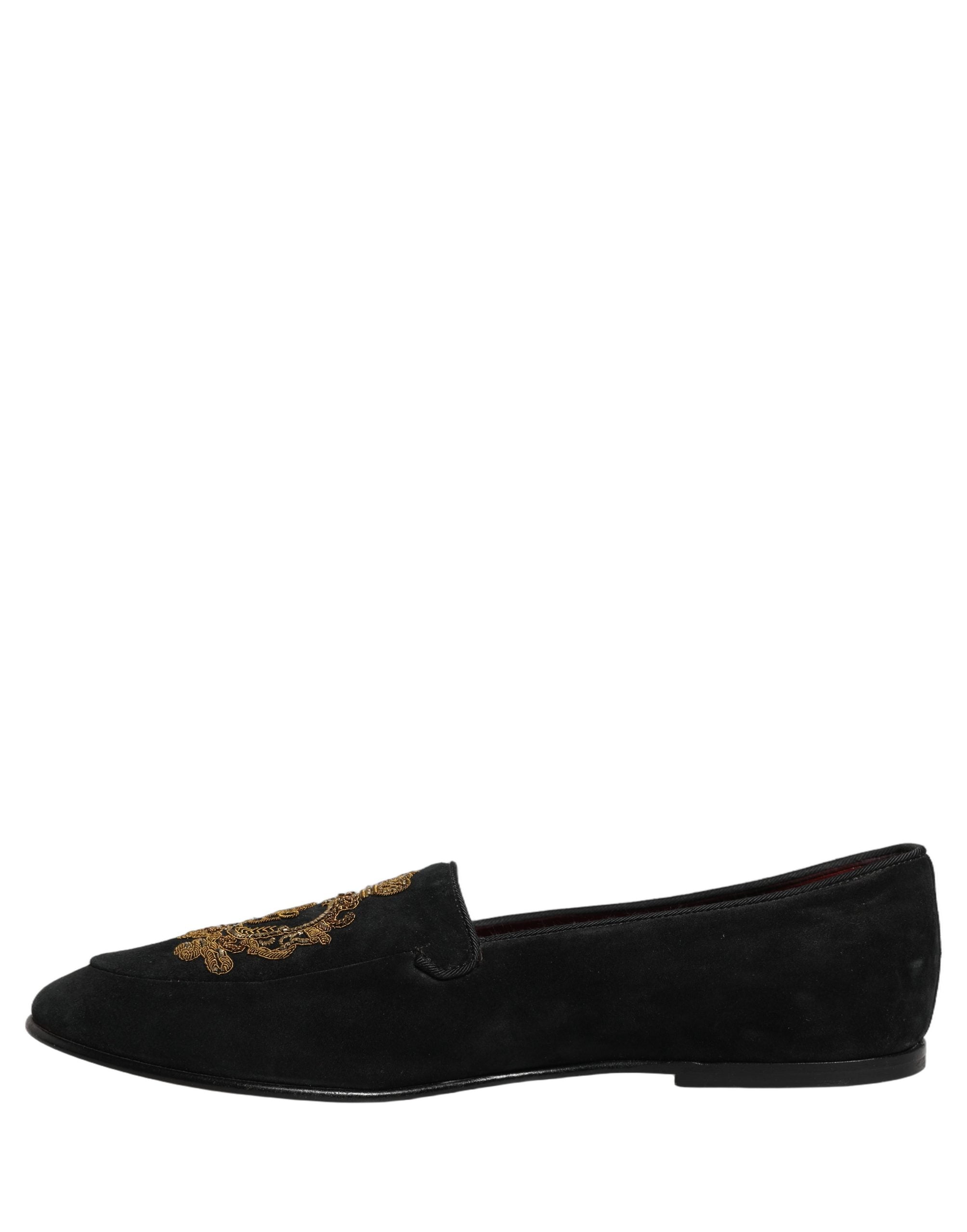 Dolce & Gabbana Black Velvet Crown Embroidery Loafers Shoes