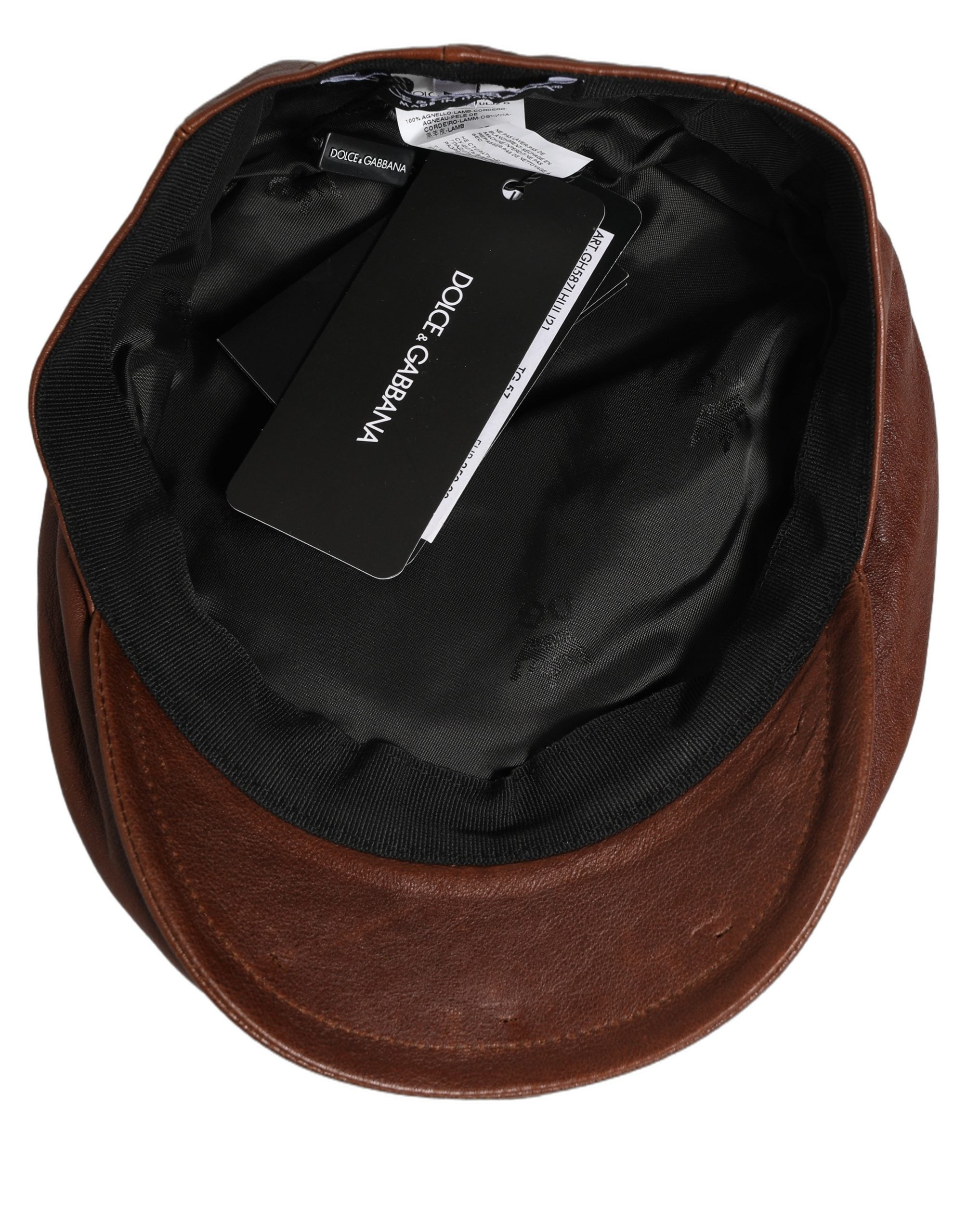 Dolce & Gabbana Brown Lamb Leather Newsboy Cap Couture