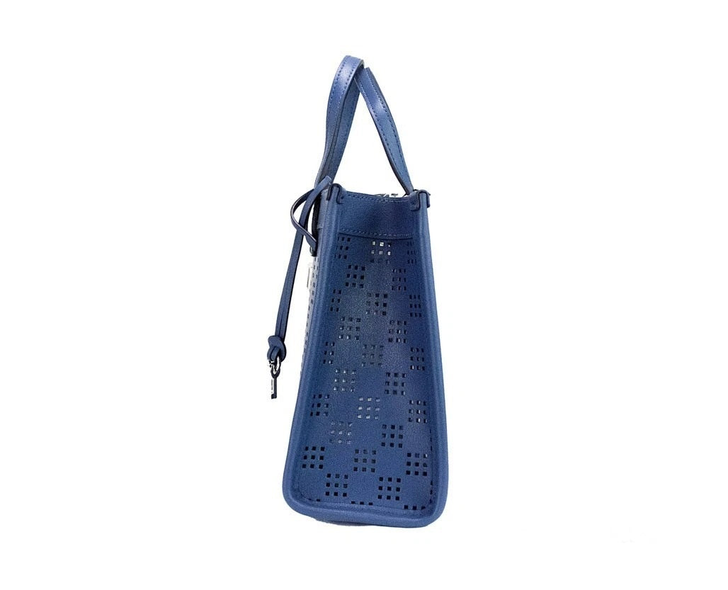 Discover the Marc Jacobs Mini Grind Blue Sea Perforated Leather Crossbody Tote Bag, a symbol of exquisite craftsmanship and timeless elegance, perfect for any occasion.