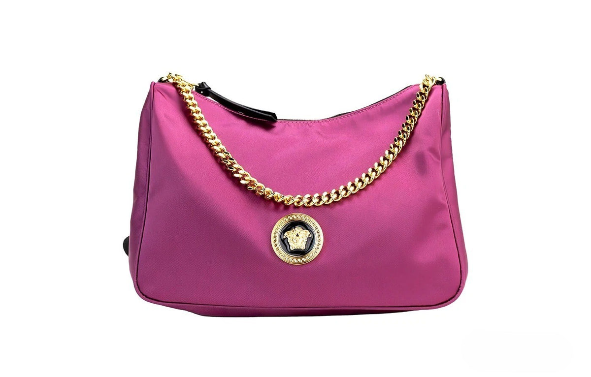 Elevate your style with the Versace Small Dahlia Crossbody Bag, a luxurious blend of premium nylon and leather, embodying timeless elegance and sophisticated allure.