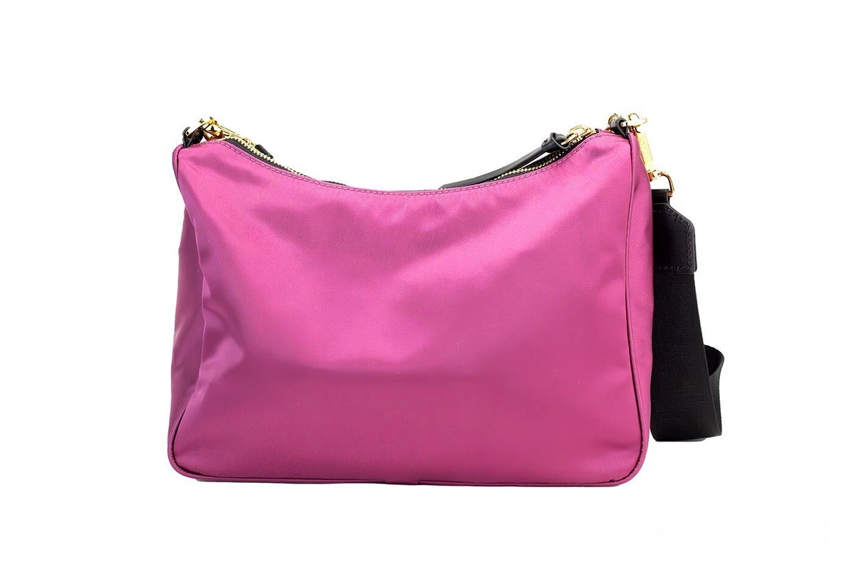 Elevate your style with the Versace Small Dahlia Crossbody Bag, a masterpiece of premium nylon and leather, embodying luxury and sophistication for the discerning individual.