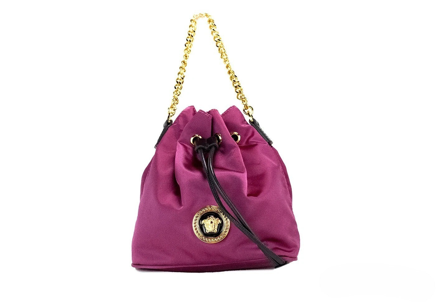 Elevate your style with the Versace Small Dahlia Nylon Medusa Pendant Bucket Bag, a masterpiece of Italian craftsmanship, blending luxurious materials and timeless elegance.
