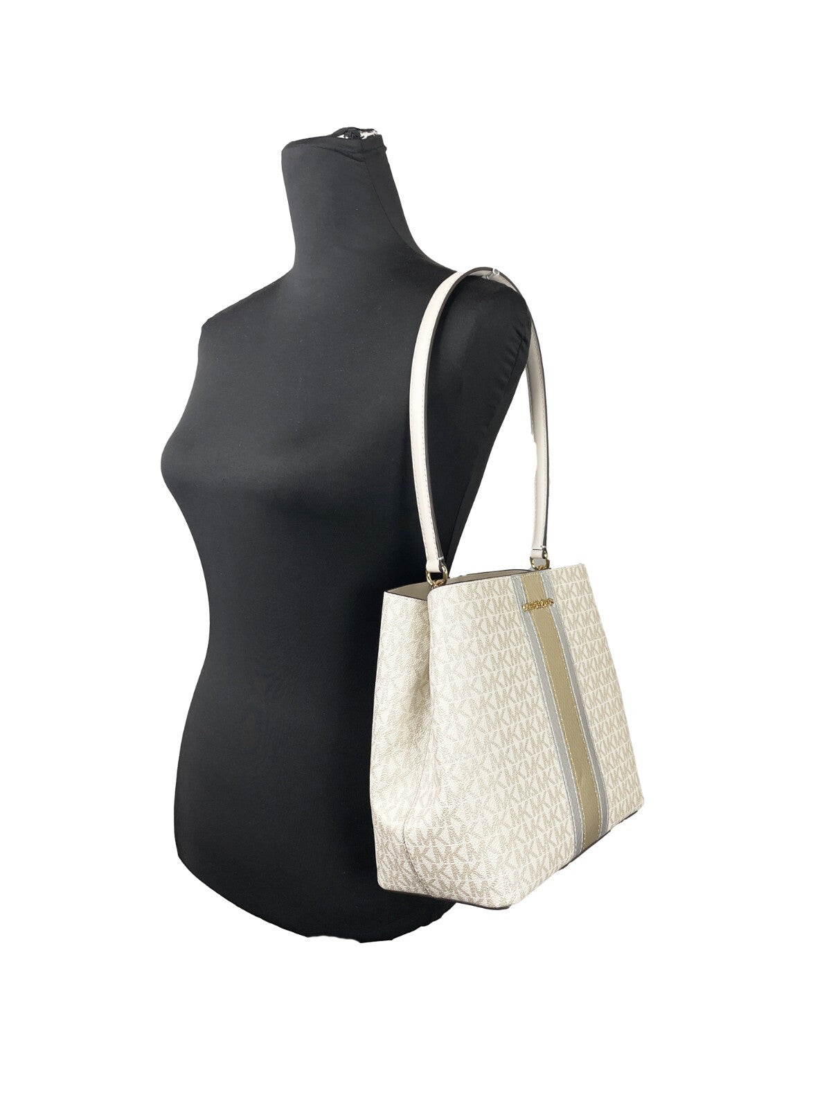 Elevate your style with the Michael Kors Medium Pratt Bucket Shoulder Bag, a blend of premium leather and PVC, embodying timeless elegance for the discerning individual.