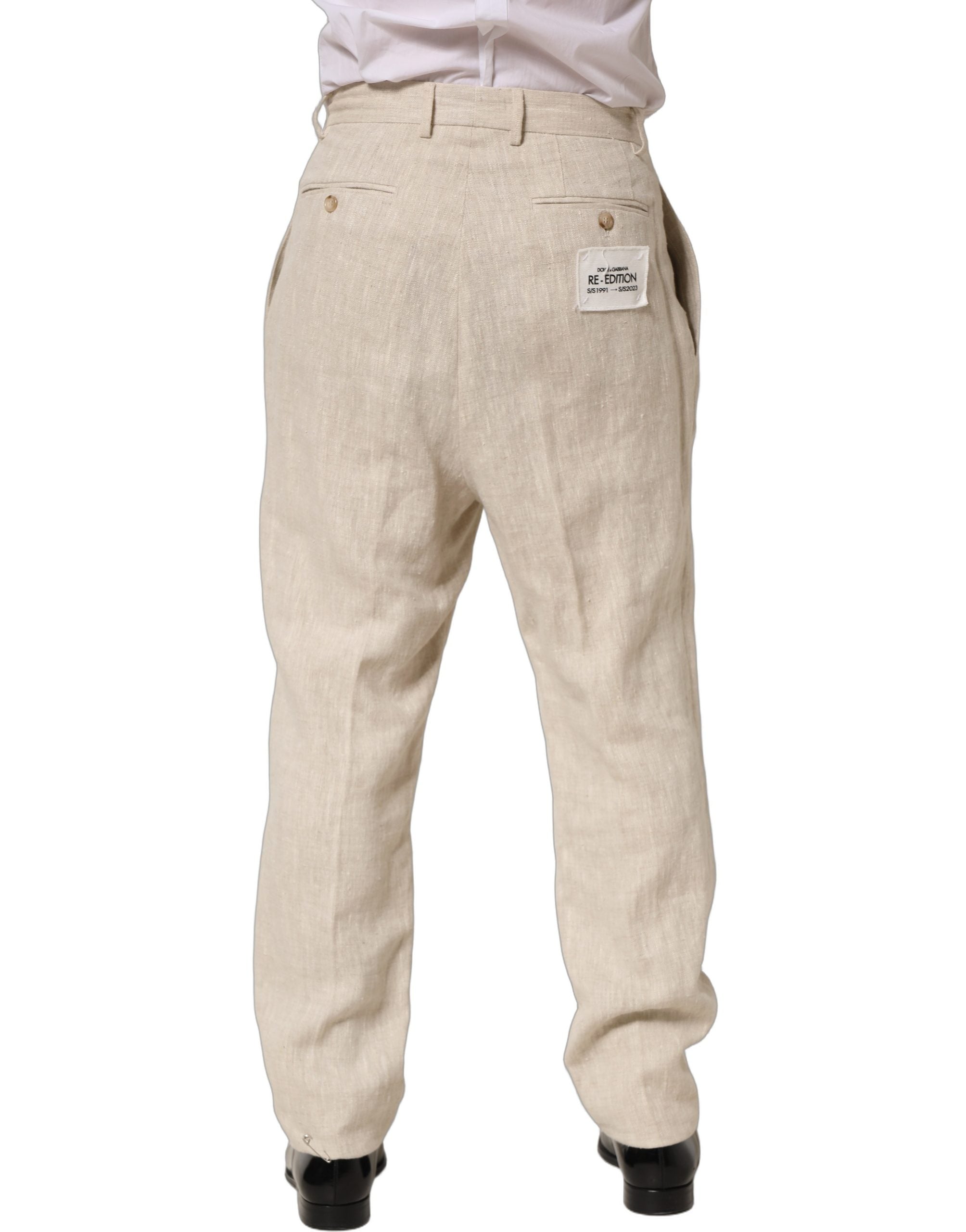 Dolce & Gabbana Beige Linen Tapered Dress Pants, Artisanal Elegance