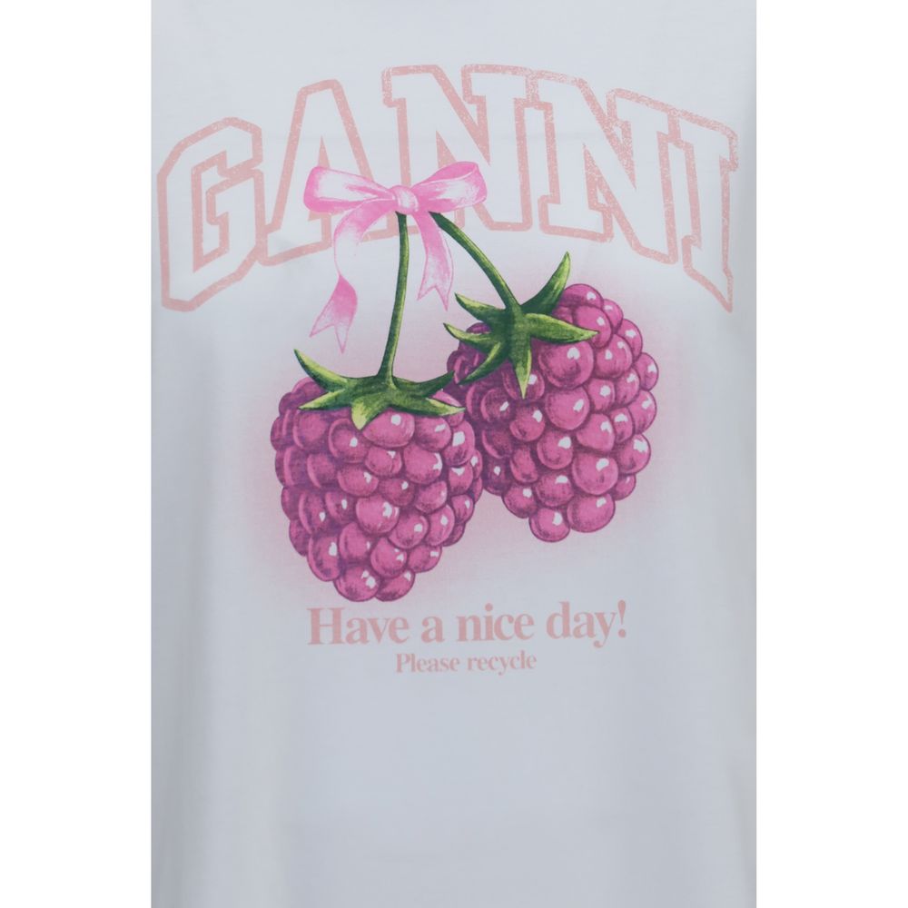 Elevate your everyday elegance with the Ganni White Cotton T-Shirt, featuring playful graphics and a commitment to sustainability, embodying contemporary luxury.