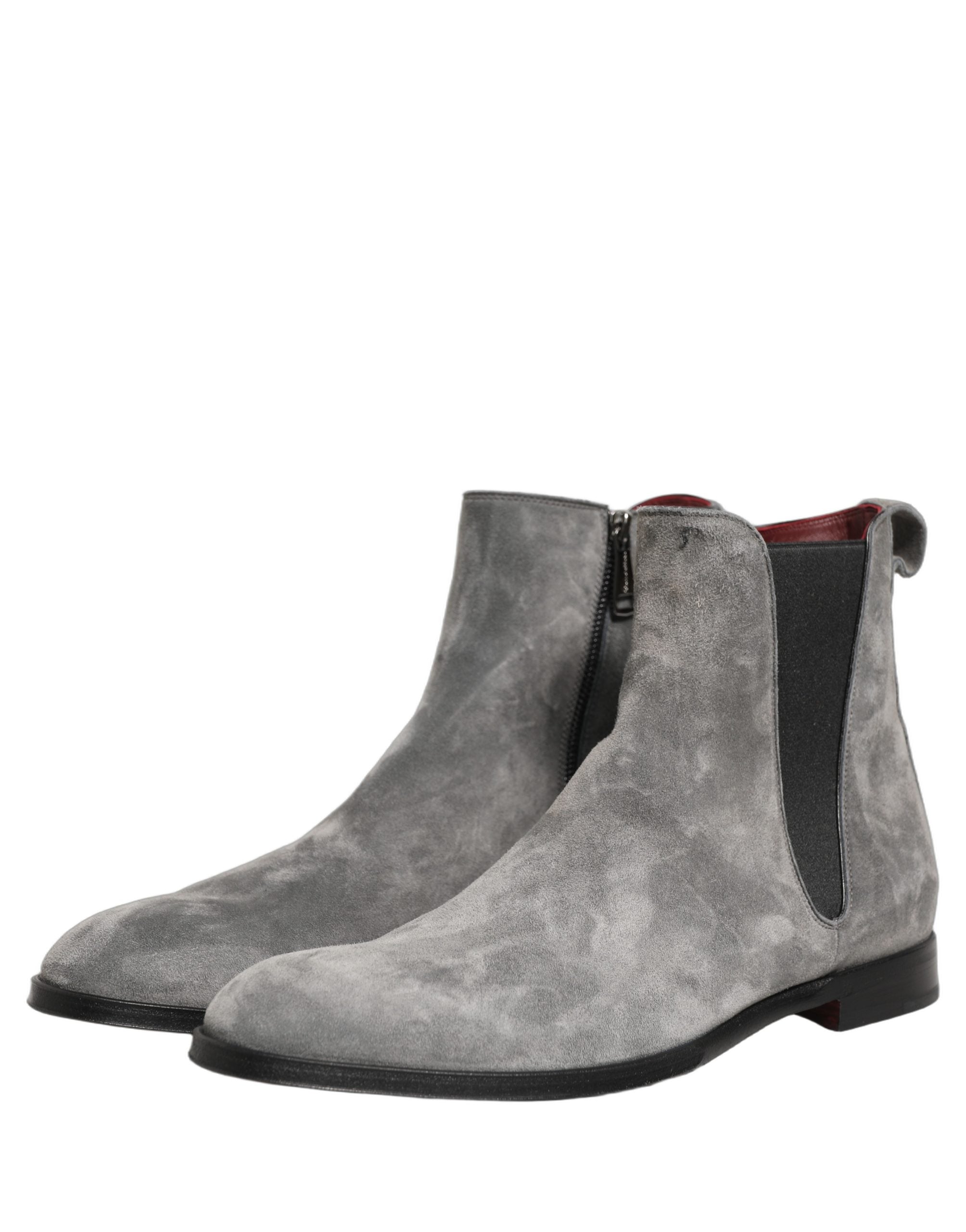 Elevate your style with Dolce & Gabbana's Gray Suede Leather Chelsea Boots, a masterpiece of Italian craftsmanship that embodies luxury and sophistication.