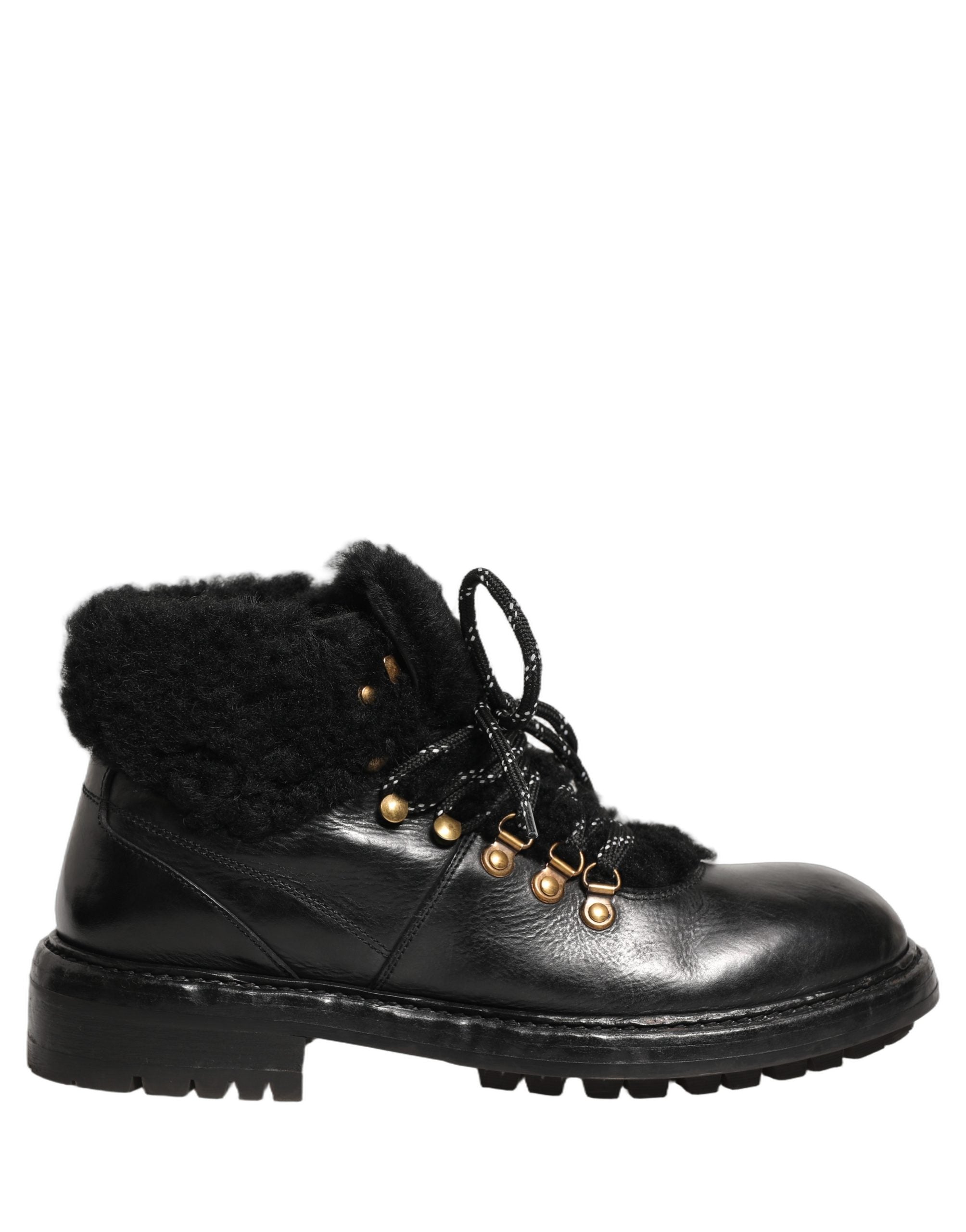 Dolce & Gabbana Black Trekking Fur Lace Leather Boots - Luxury Footwear