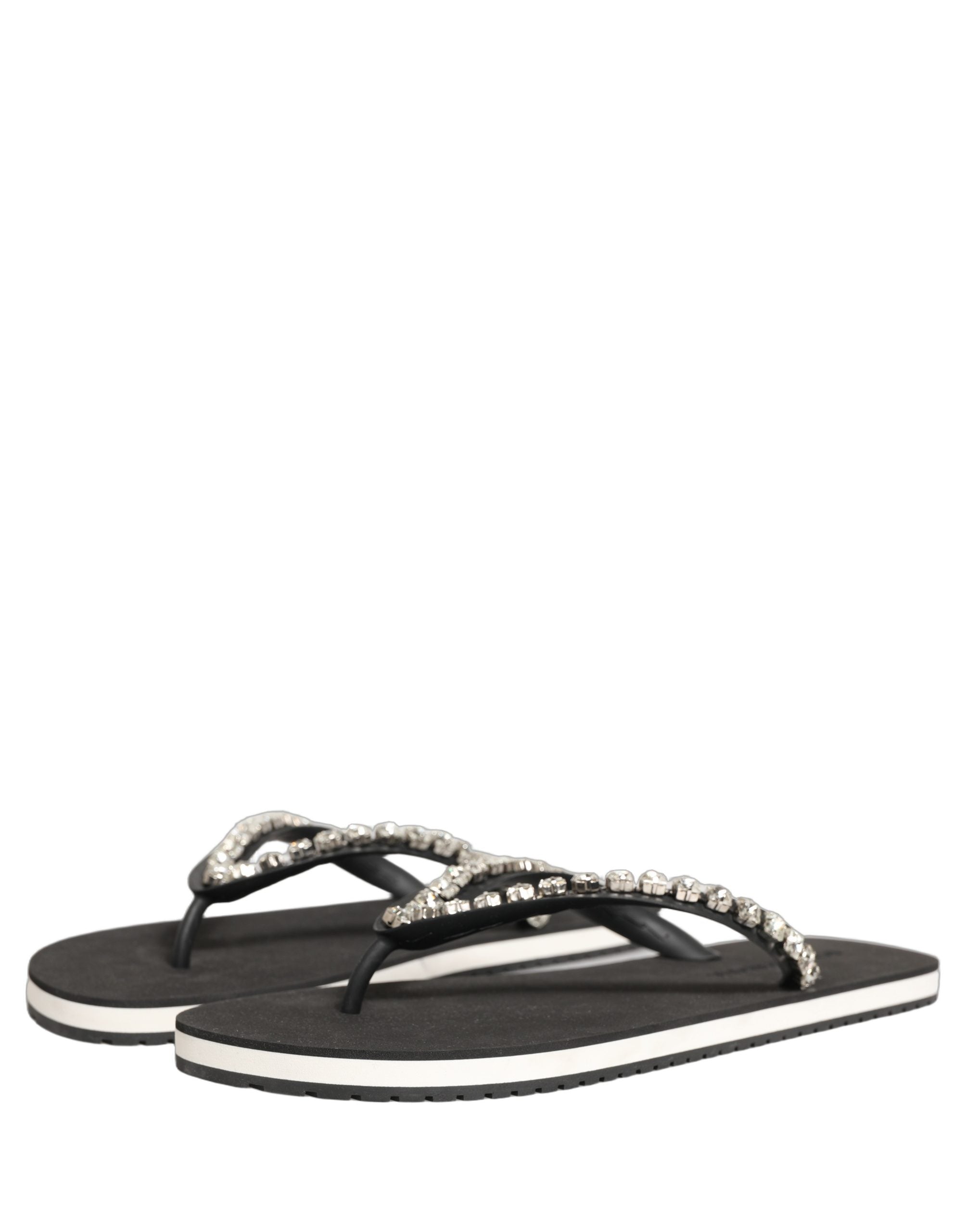 Dolce & Gabbana Black Embellished Rubber Flip Flops - Luxury Footwear