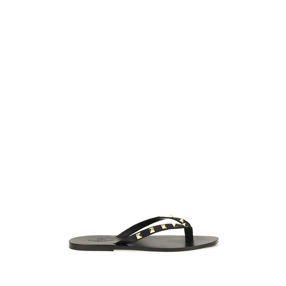 Valentino Garavani Black Calf Leather Flip-Flop Sandals, Luxe