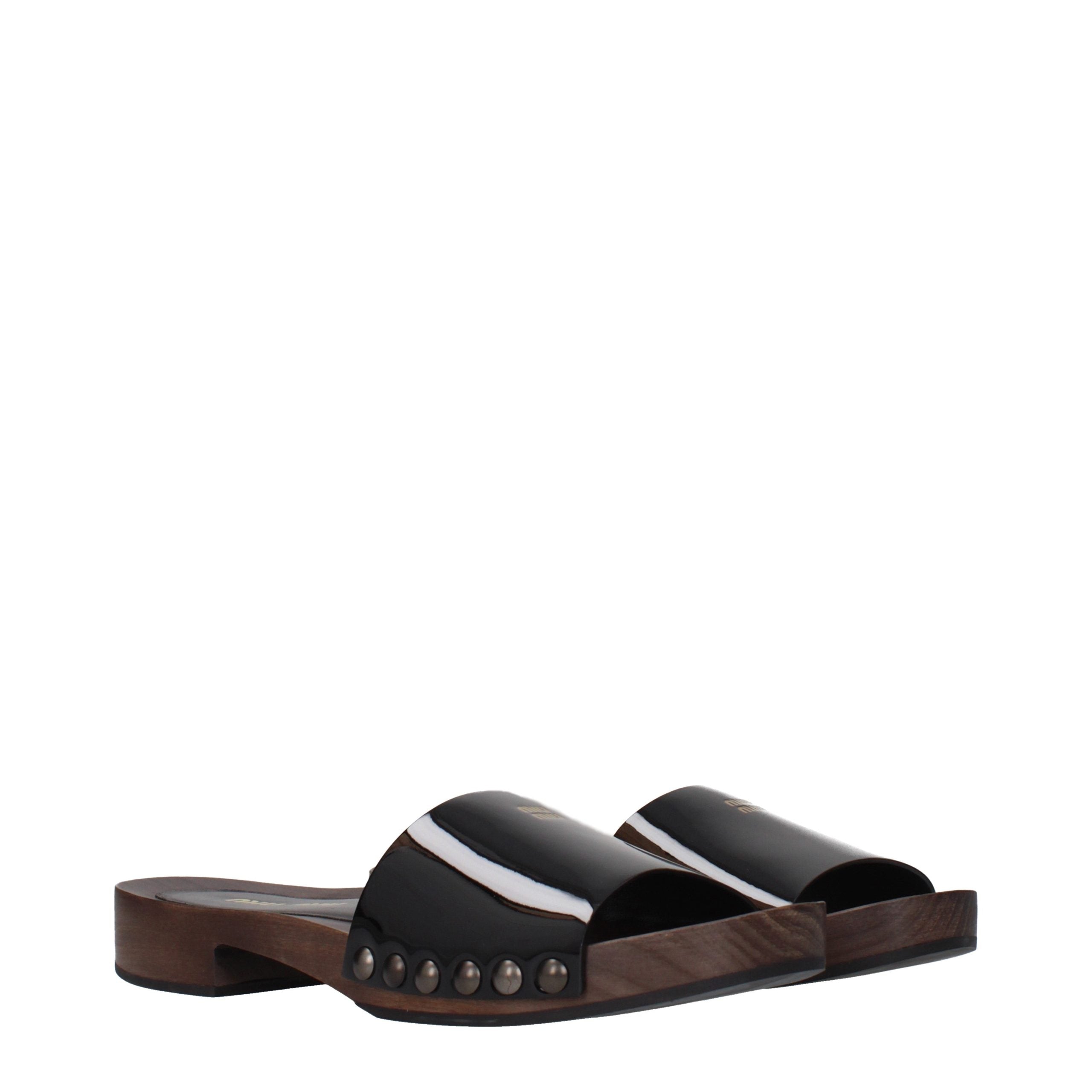 Experience the allure of Miu Miu Black Leather Slippers, where exquisite patent craftsmanship meets timeless elegance, perfect for the discerning individual.