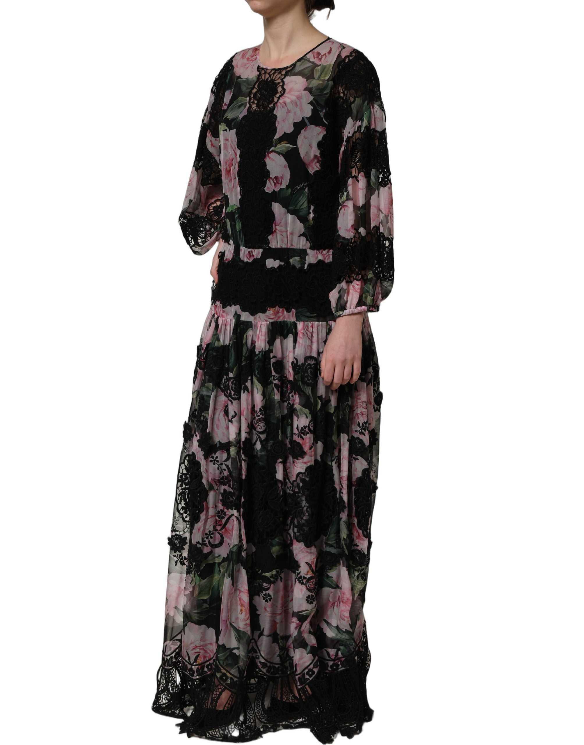 Discover the exquisite Dolce & Gabbana Black Floral Print Cotton Lace Maxi Dress, a masterpiece of Italian craftsmanship that elevates your elegance for any occasion.