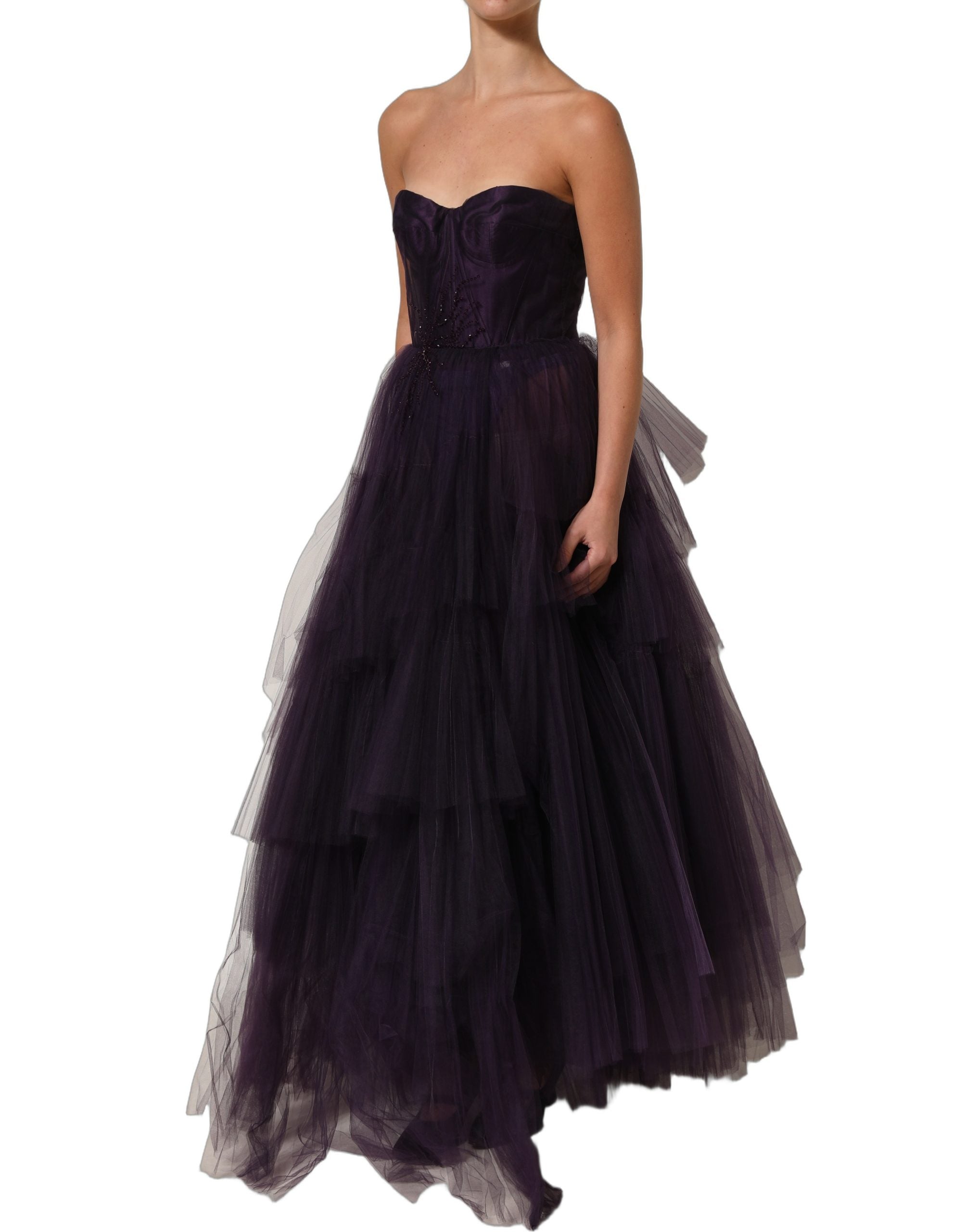 Experience the allure of the Dolce & Gabbana Purple Tiered Tulle Silk Long Gown, where exquisite craftsmanship meets luxurious elegance, perfect for unforgettable moments.