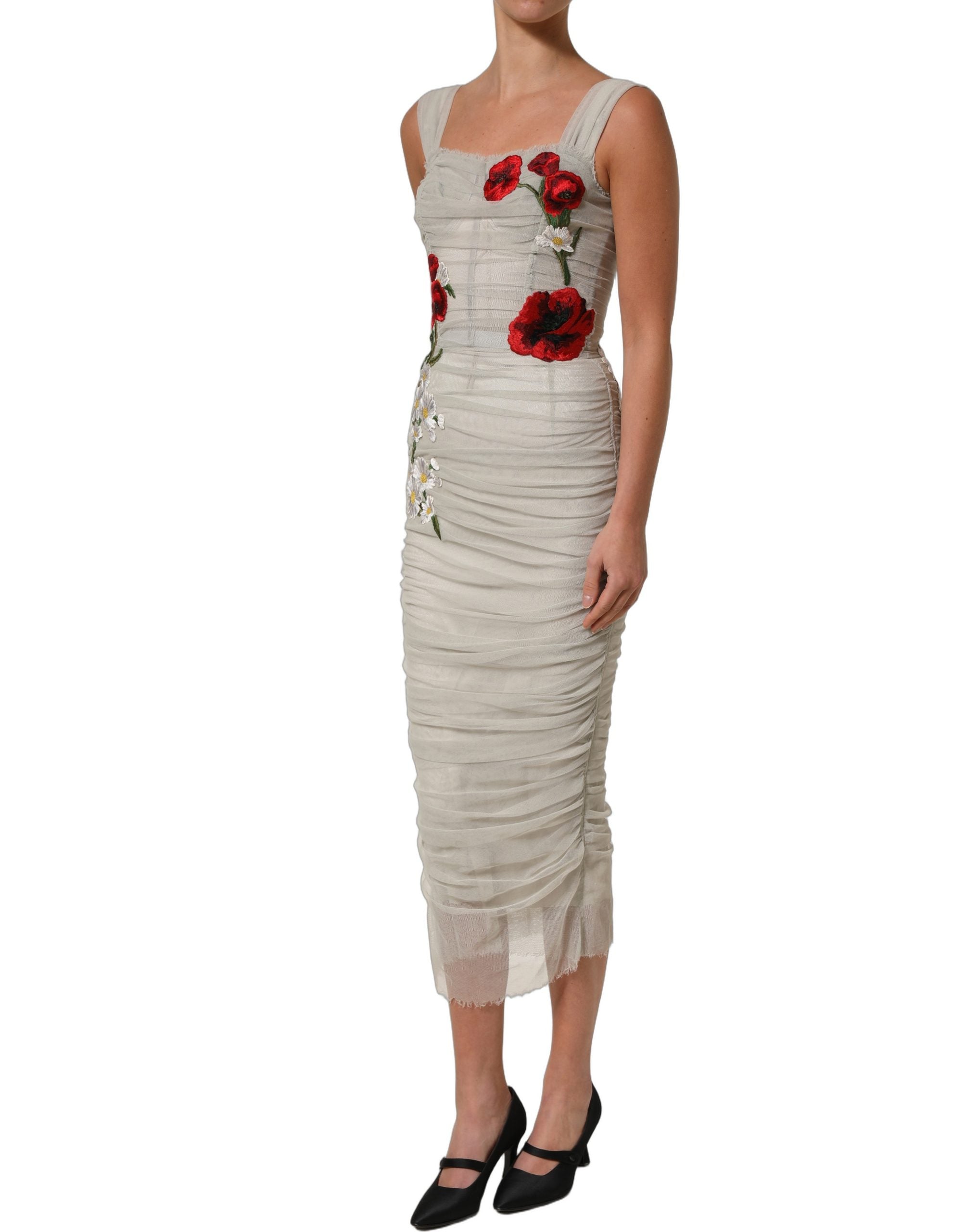 Elevate your elegance with the Dolce & Gabbana Light Gray Rose Embroidery Sheath Midi Dress, a luxurious blend of exquisite craftsmanship and timeless allure.