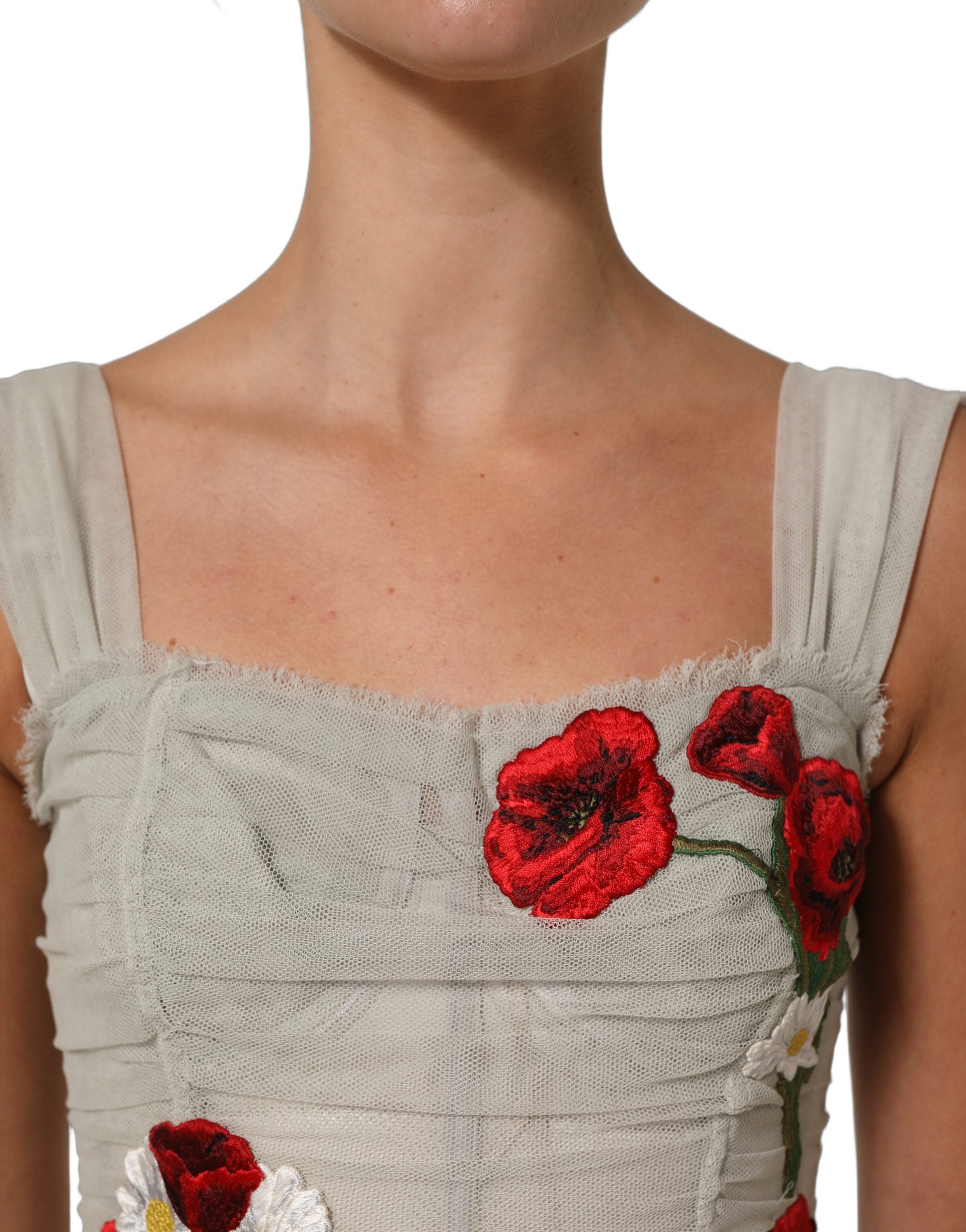 Experience the exquisite allure of the Dolce & Gabbana Light Gray Rose Embroidery Sheath Midi Dress, where luxurious materials meet timeless elegance, perfect for any refined occasion.