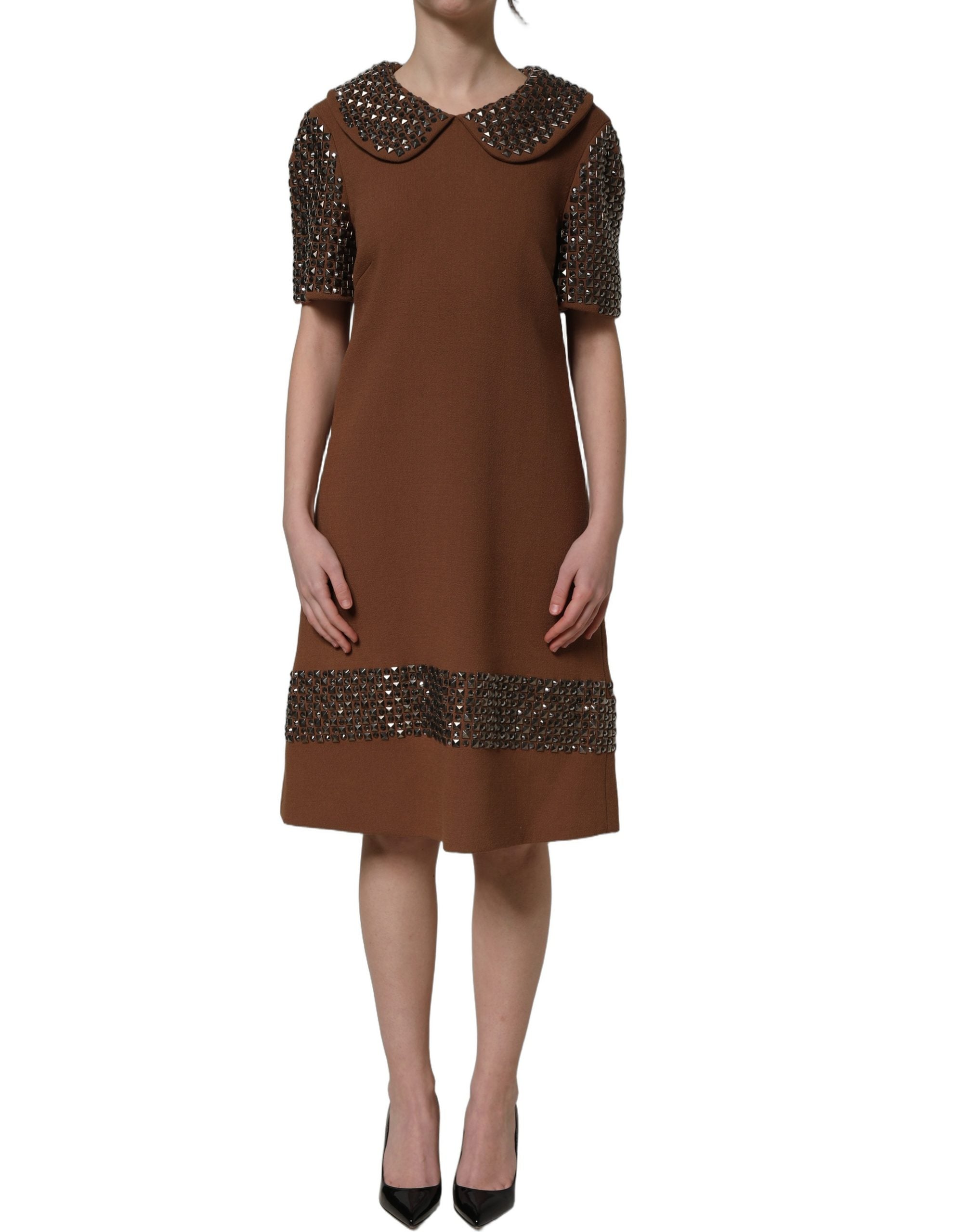 Dolce & Gabbana Brown Wool Rhinestone Midi Dress Couture