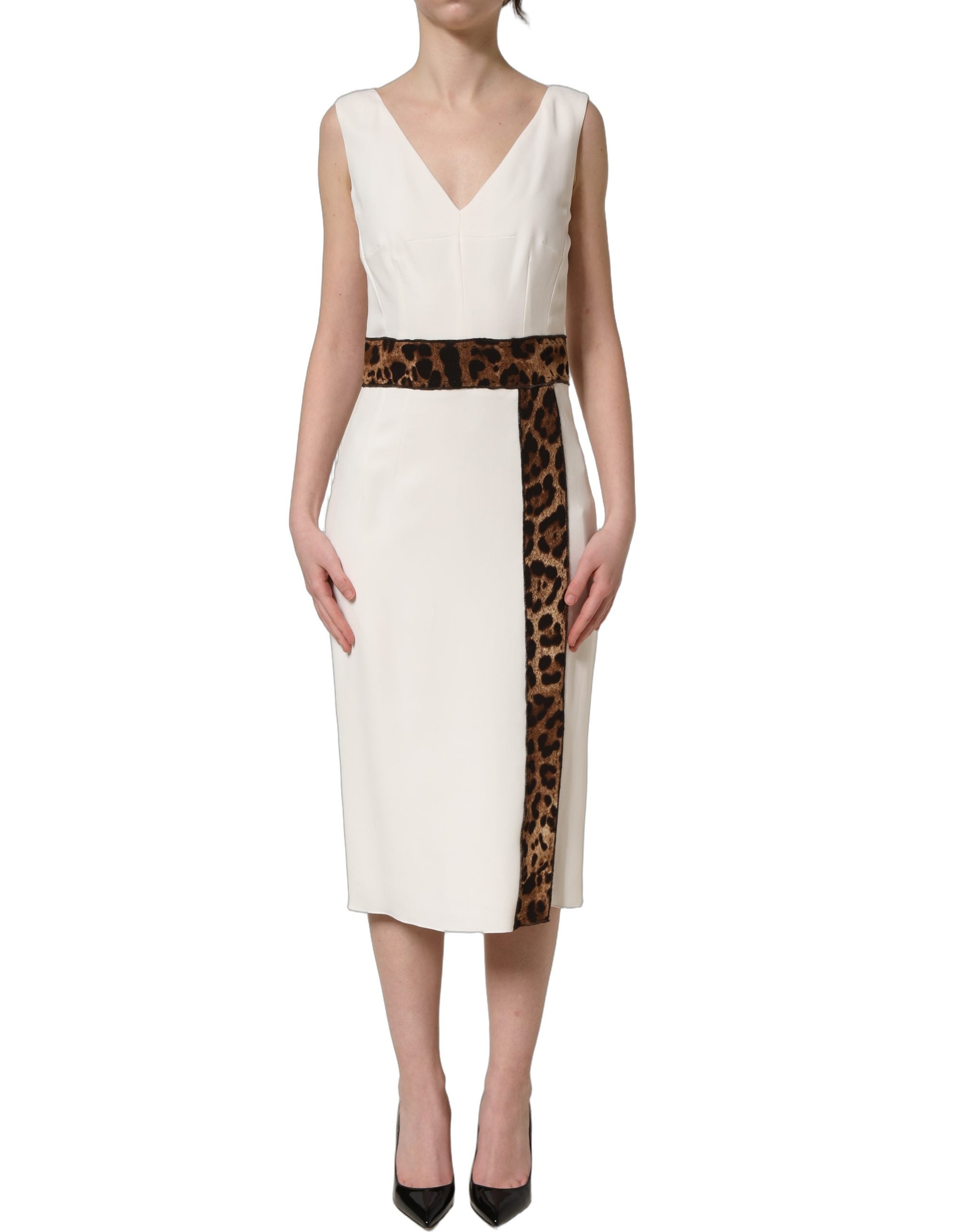 Experience the allure of the Dolce & Gabbana White Leopard Sleeveless Sheath Midi Dress, a masterpiece of luxurious materials and exquisite Italian craftsmanship, perfect for any elegant occasion.