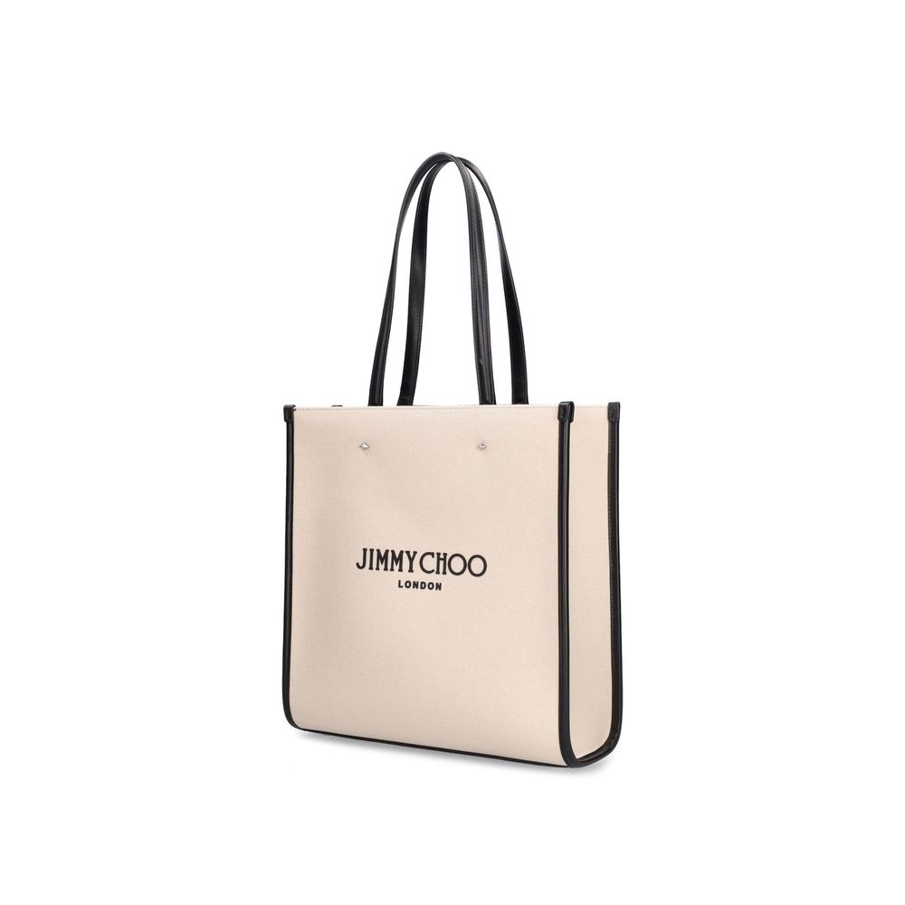 Indulge in the exquisite Jimmy Choo Beige Canvas Tote Bag, a masterpiece of Italian craftsmanship, blending luxury and versatility for the discerning individual.