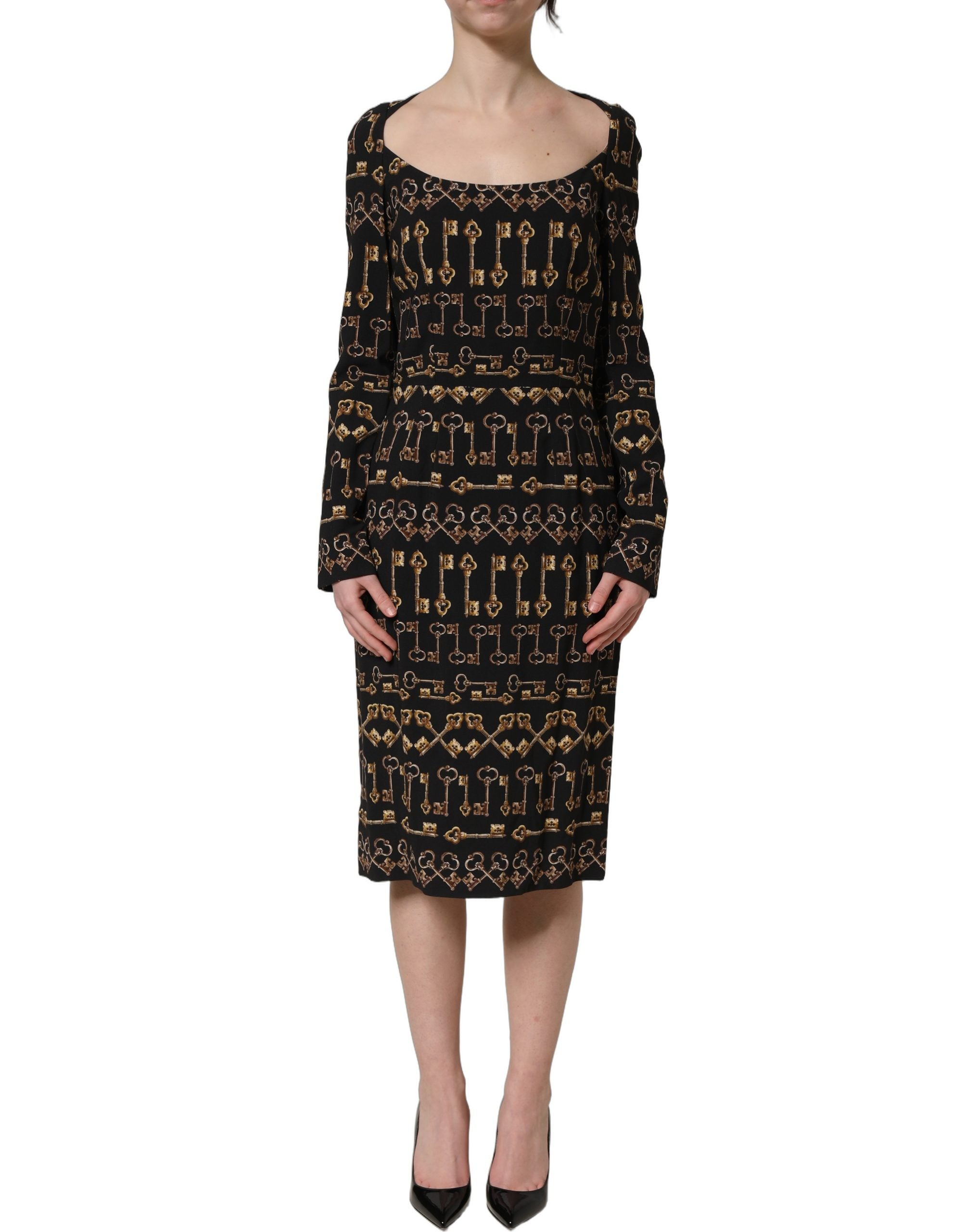 Dolce & Gabbana Black Key Print Sheath Midi Dress - Luxury Fashion