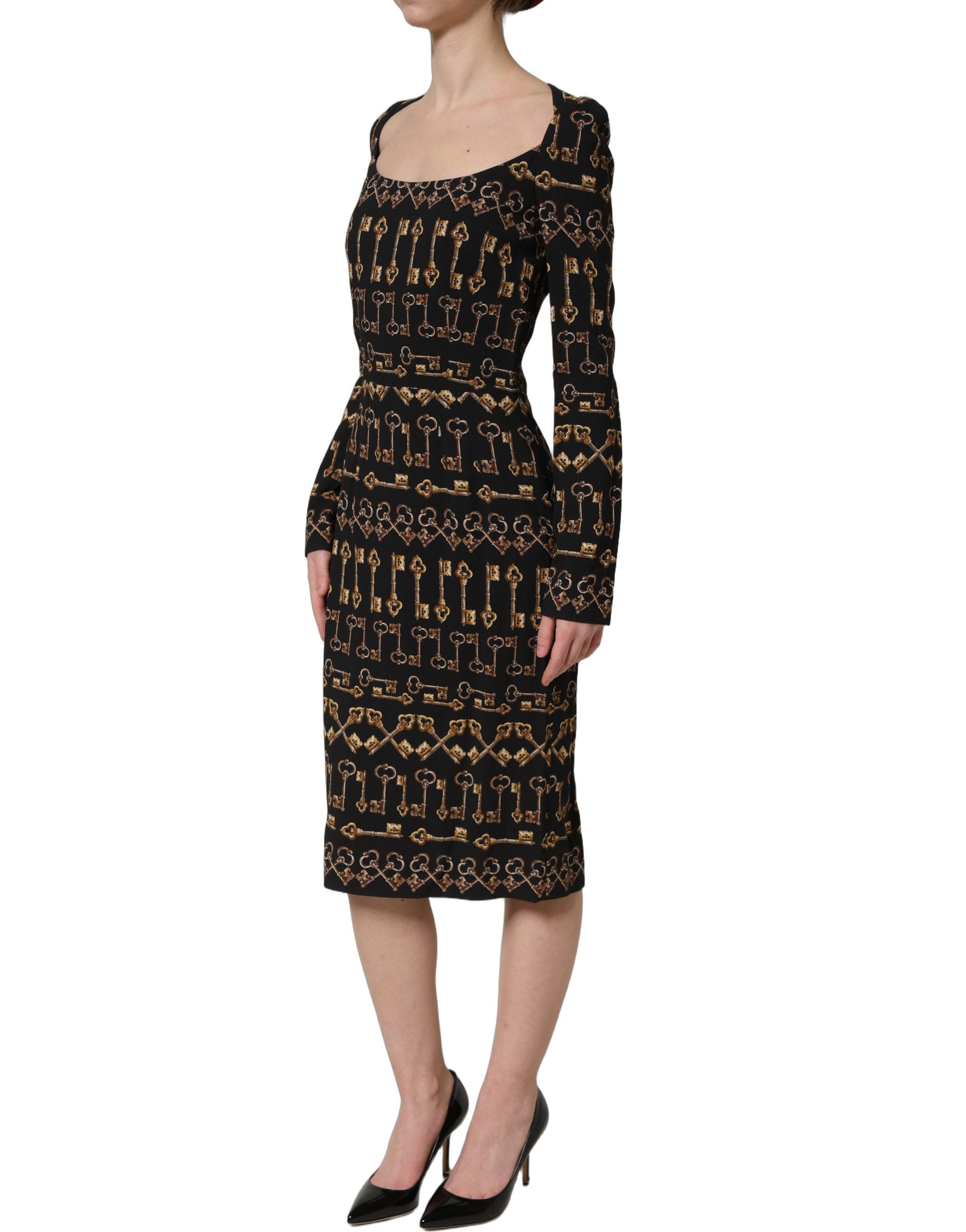 Discover the allure of Dolce & Gabbana's Black Key Print Long Sleeves Sheath Midi Dress, a masterpiece of luxury craftsmanship and timeless elegance, perfect for any occasion.