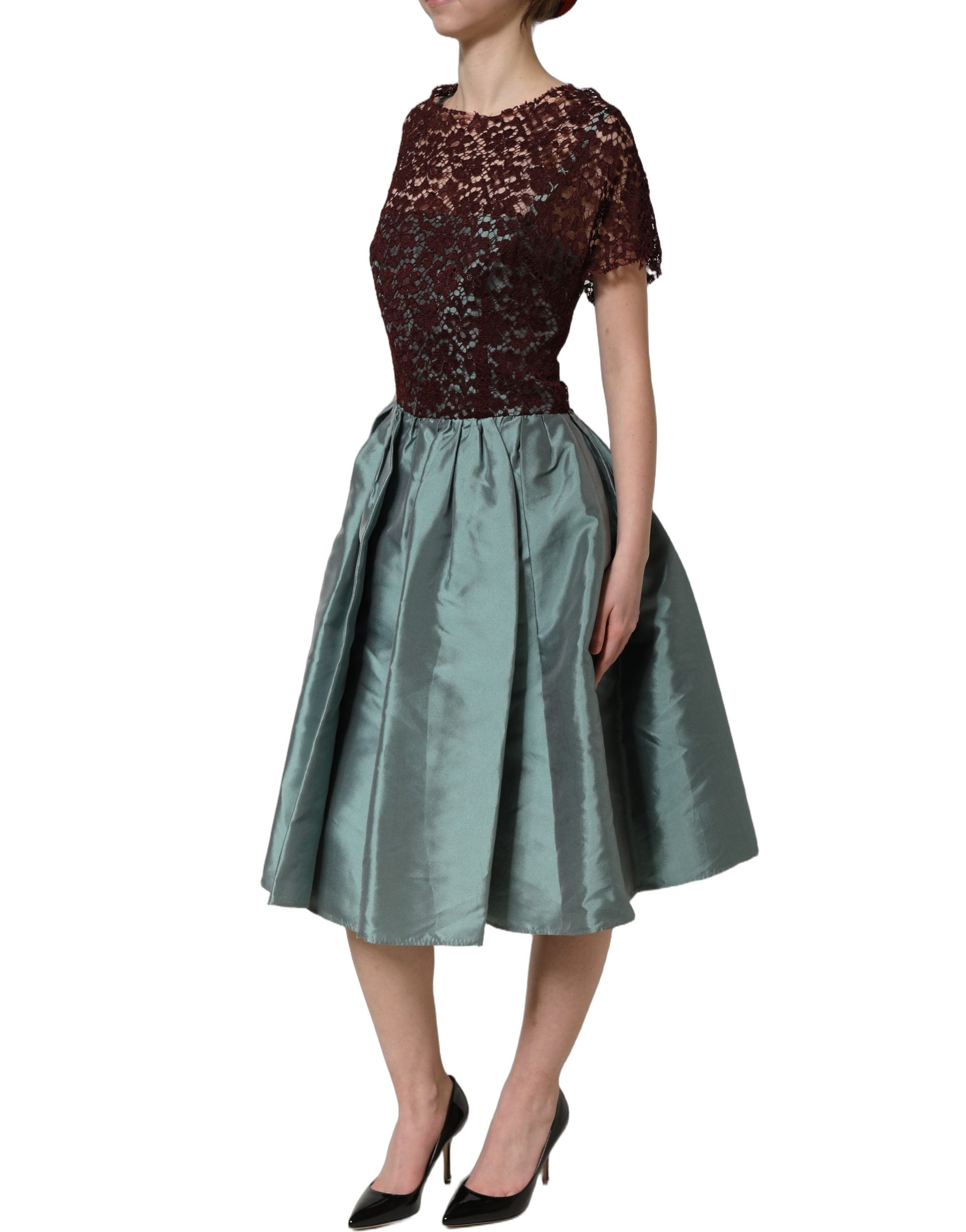 Experience the allure of the Dolce & Gabbana Multicolor Floral Lace Taffeta Pleated Midi Dress, where exquisite Italian craftsmanship meets timeless elegance for unforgettable moments.