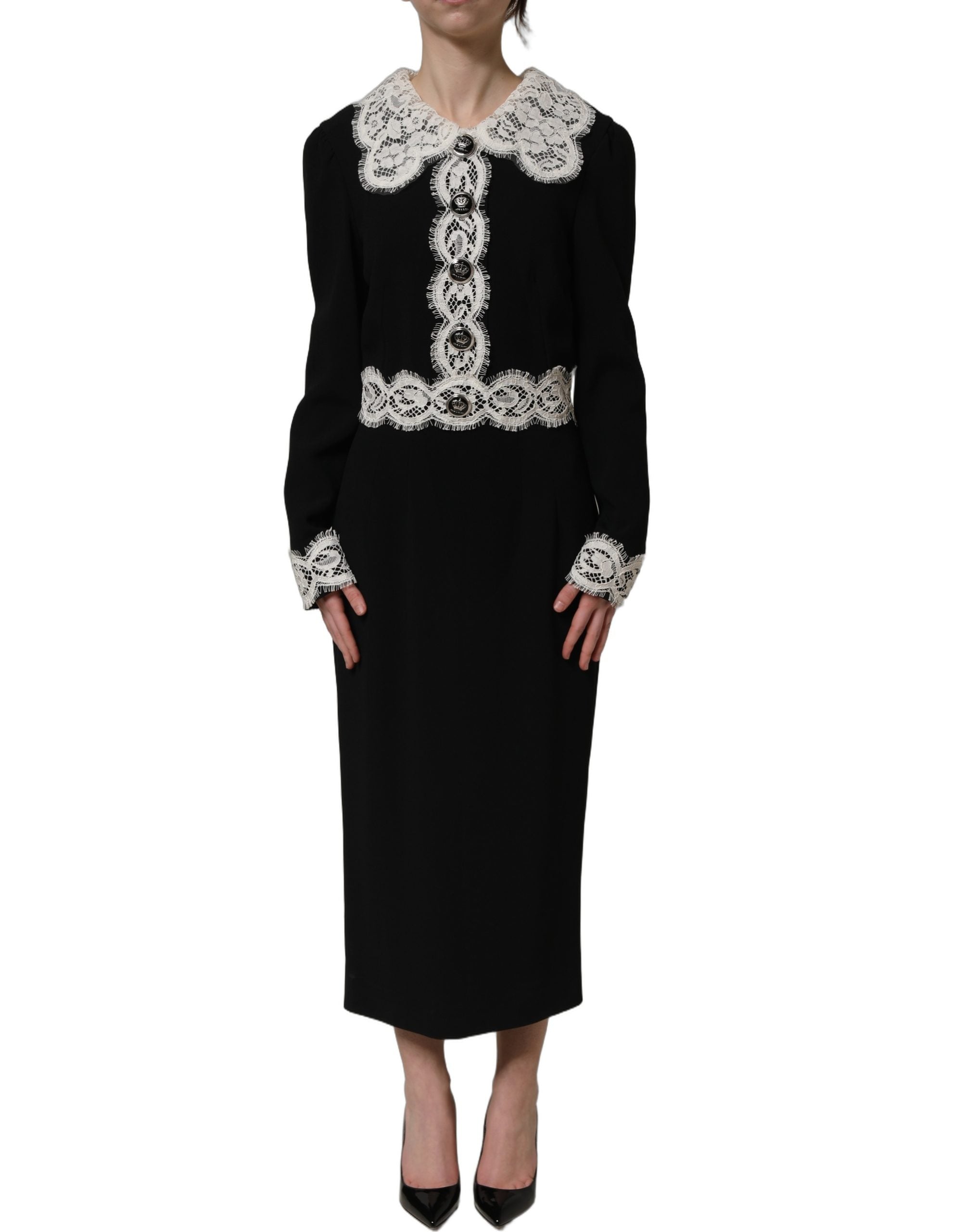 Experience exquisite elegance with the Dolce & Gabbana Black Lace Detailing Long Sleeves Midi Dress, a masterpiece of Italian craftsmanship that embodies timeless luxury.