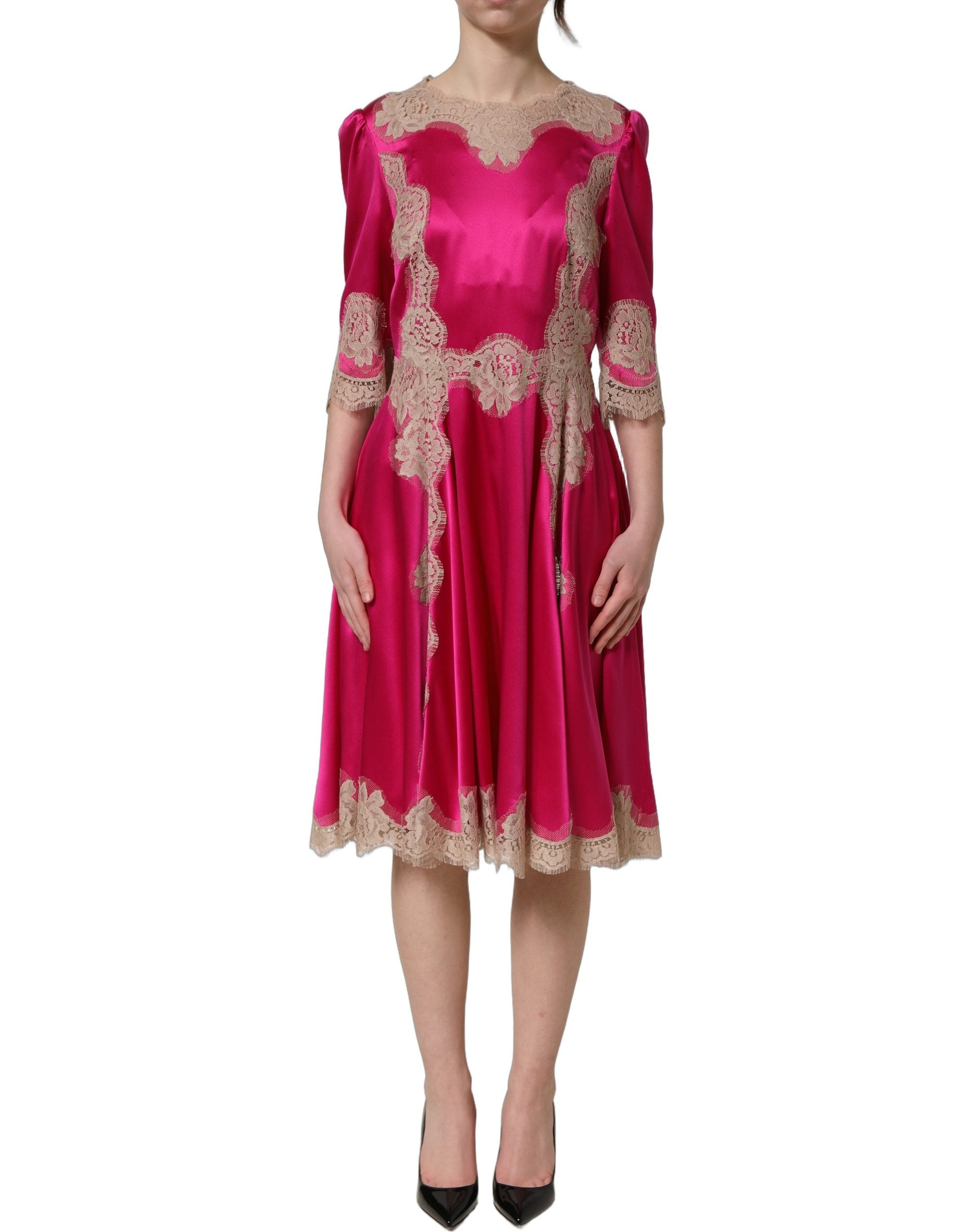 Dolce & Gabbana Fuchsia Pink Lace A-line Midi Dress - Exquisite Luxury