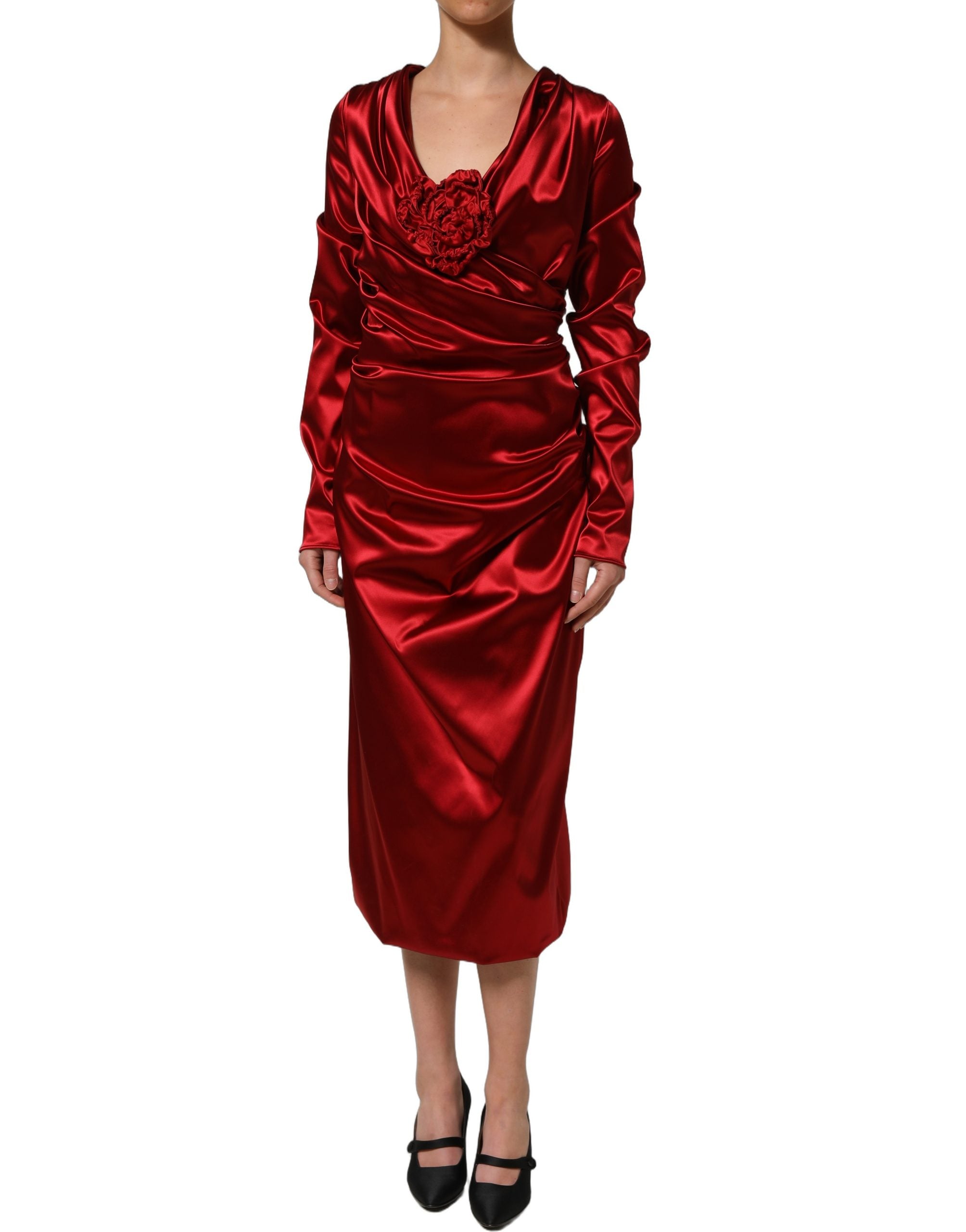 Elevate your elegance with the Dolce & Gabbana Red Silk Satin Draped Midi Floral Applique Dress, a masterpiece of Italian craftsmanship that embodies luxury and sophistication.
