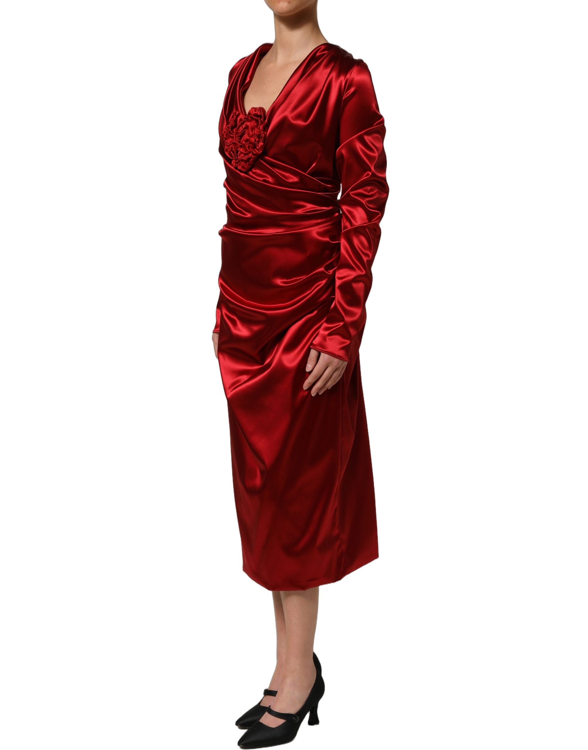 Elevate your elegance with the Dolce & Gabbana Red Silk Satin Draped Midi Dress, a masterpiece of Italian craftsmanship, perfect for unforgettable soirées.