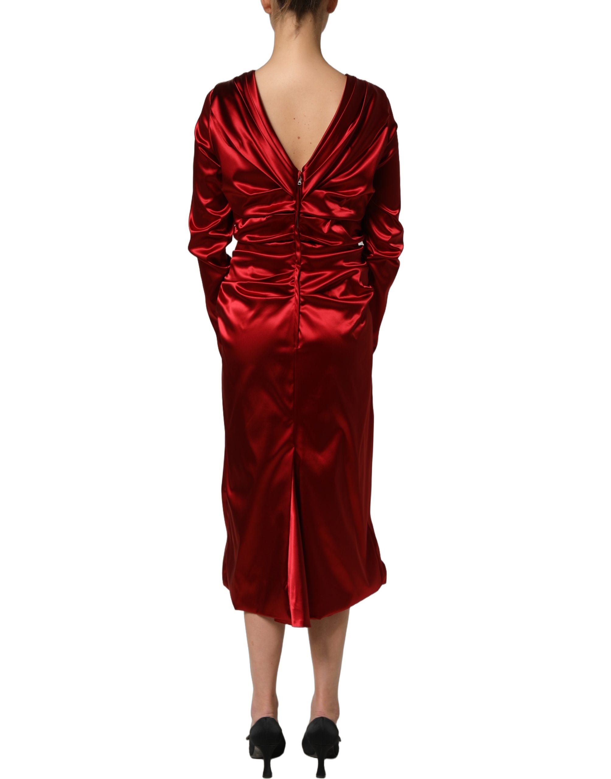Elevate your elegance with the Dolce & Gabbana Red Silk Satin Draped Midi Floral Applique Dress, a masterpiece of Italian craftsmanship that embodies luxury and allure.