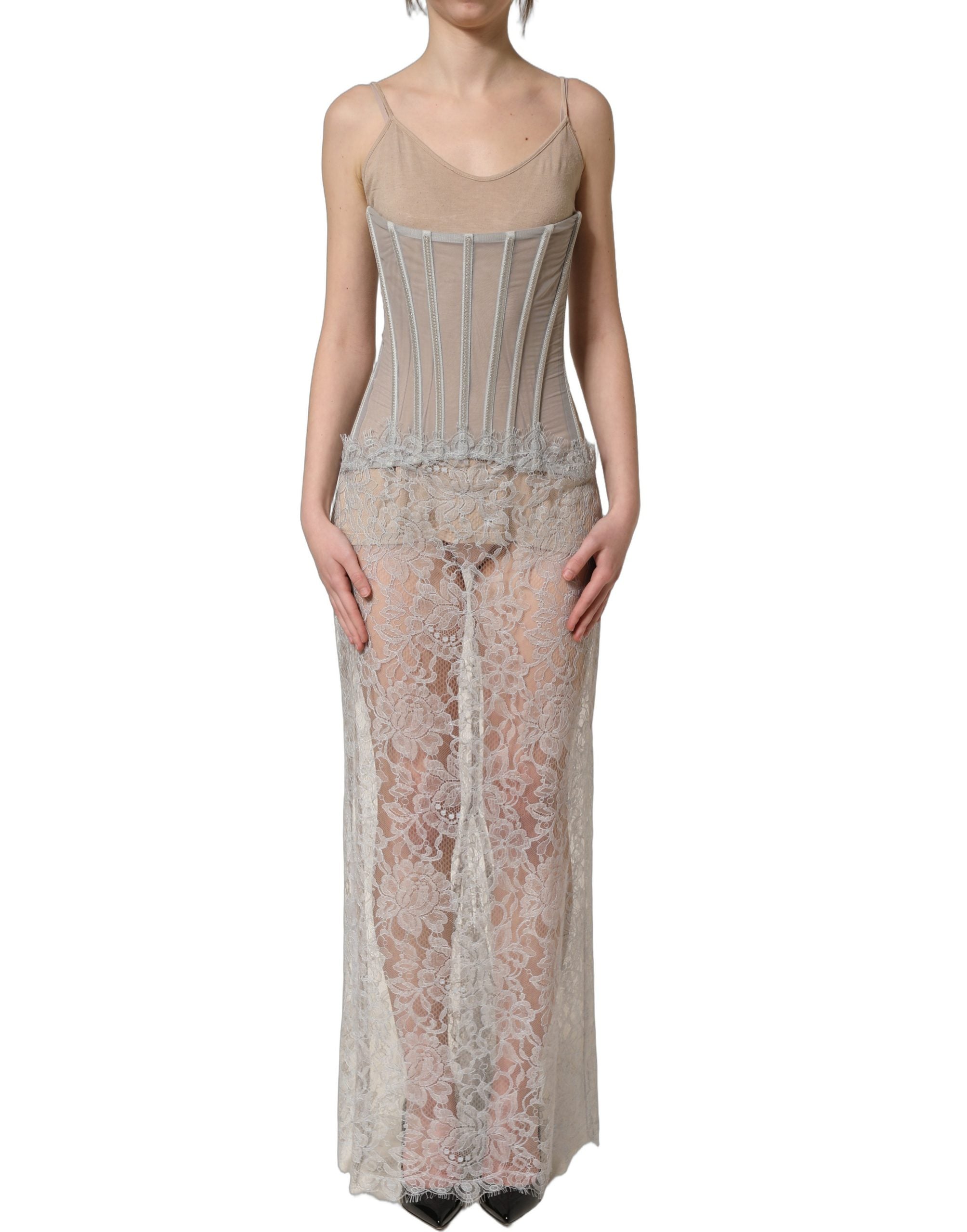 Indulge in the exquisite allure of the Dolce & Gabbana Gray Lace Corset Style Bodice Maxi Dress, a masterpiece of Italian craftsmanship that embodies sensual sophistication.