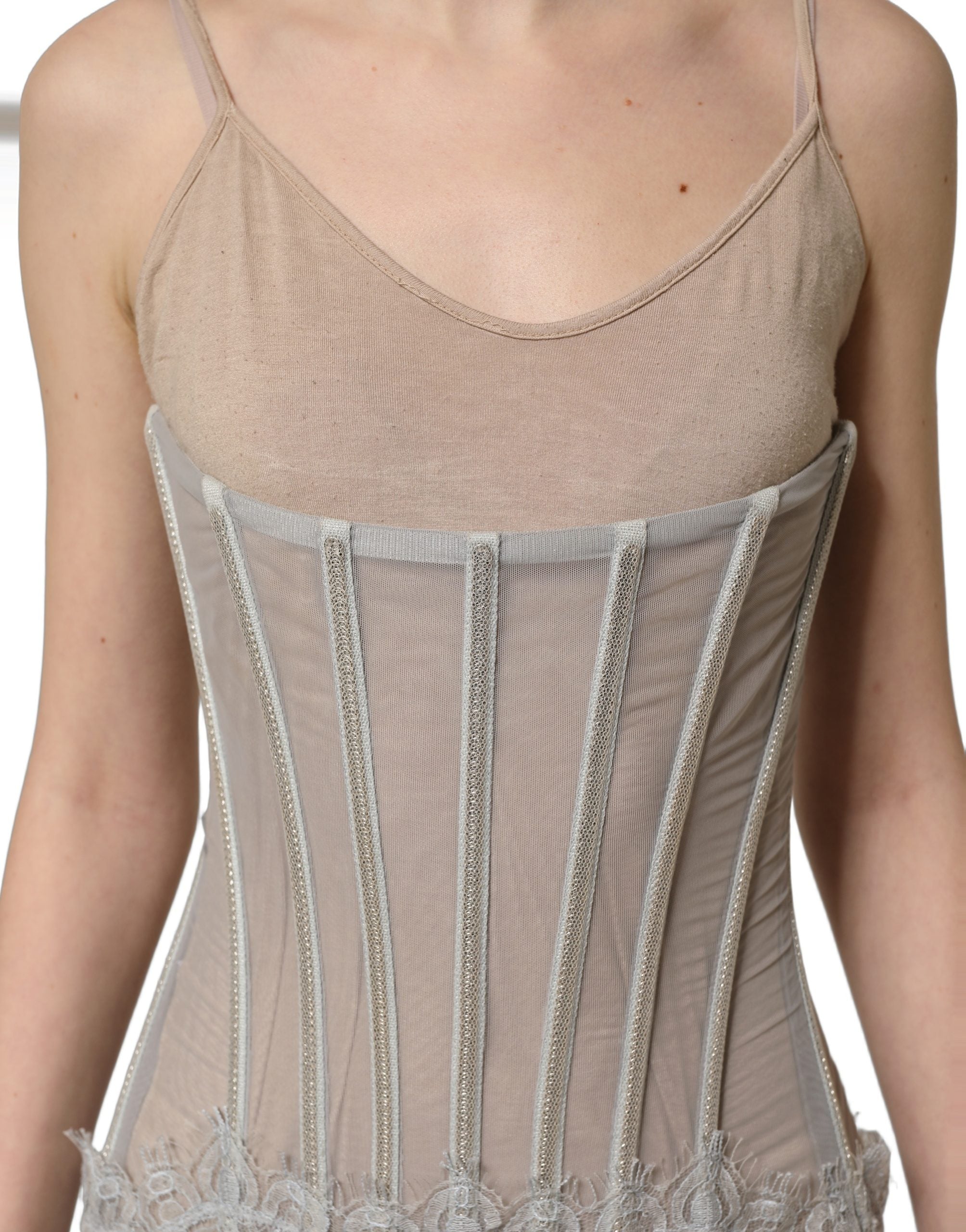 Indulge in the allure of the Dolce & Gabbana Gray Lace Corset Style Bodice Maxi Dress, a masterpiece of Italian craftsmanship that embodies sensual elegance and timeless sophistication.
