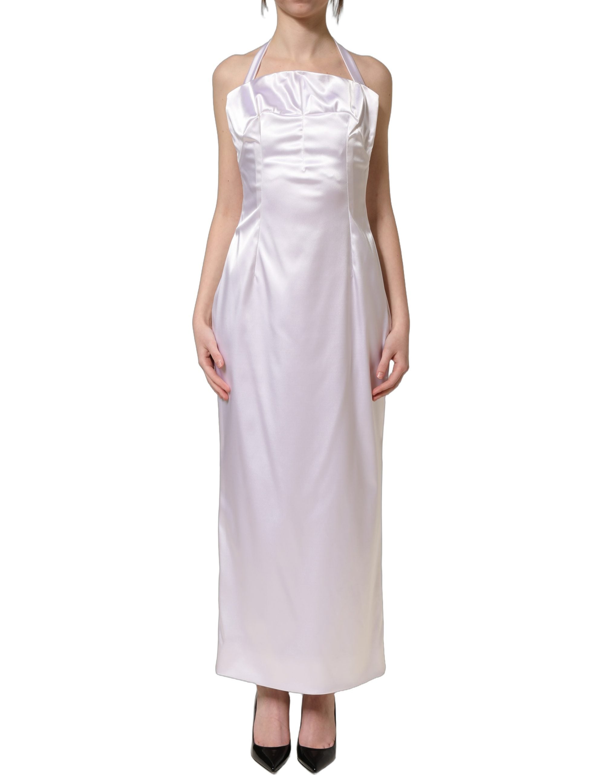 Discover the allure of the Dolce & Gabbana White Satin Halter Backless Long Gown, a testament to Italian craftsmanship that envelops you in luxury and elegance.