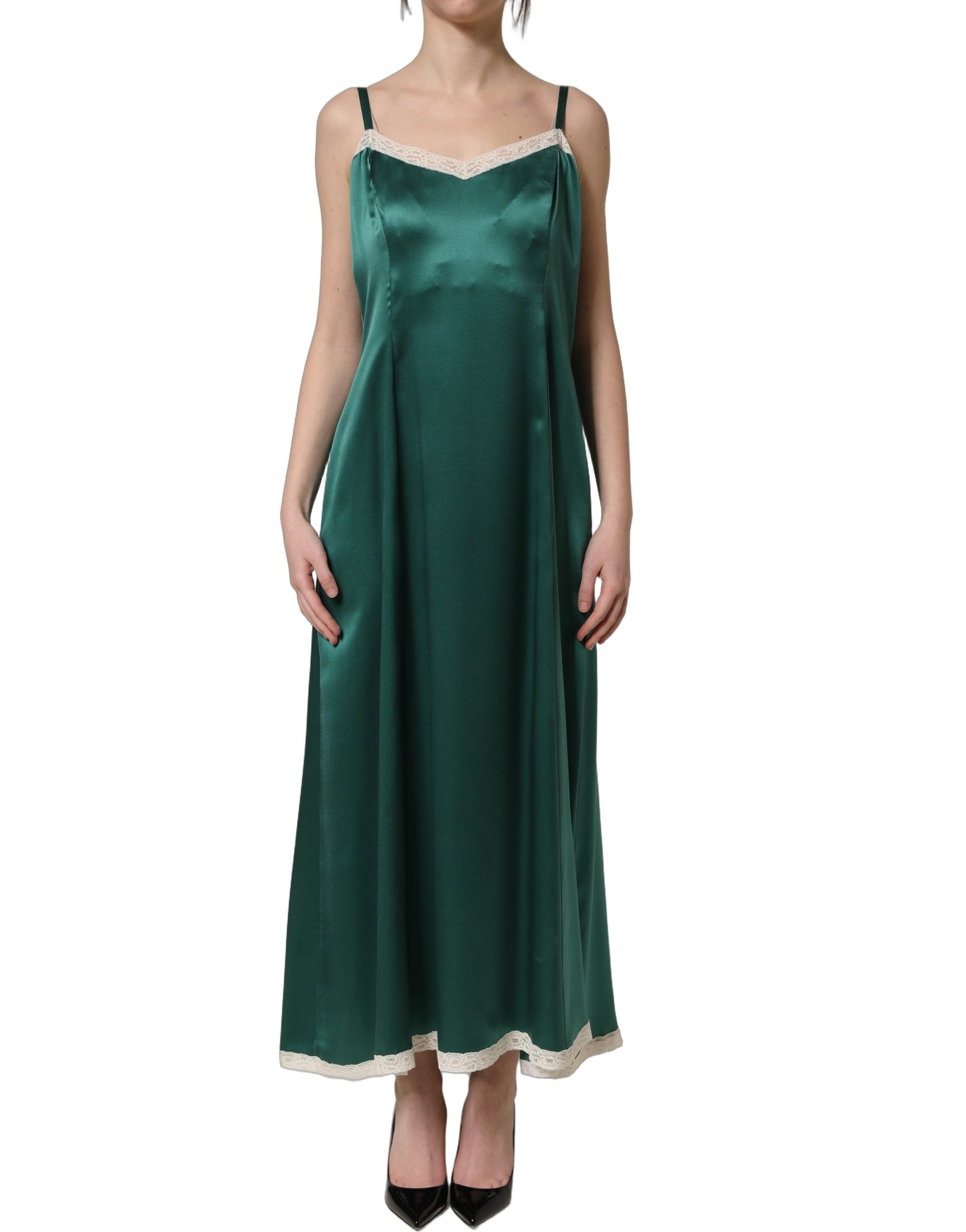 Experience the allure of the Dolce & Gabbana Green Satin Lace Trim Maxi Dress, a masterpiece of silk craftsmanship that elevates your elegance for any occasion.