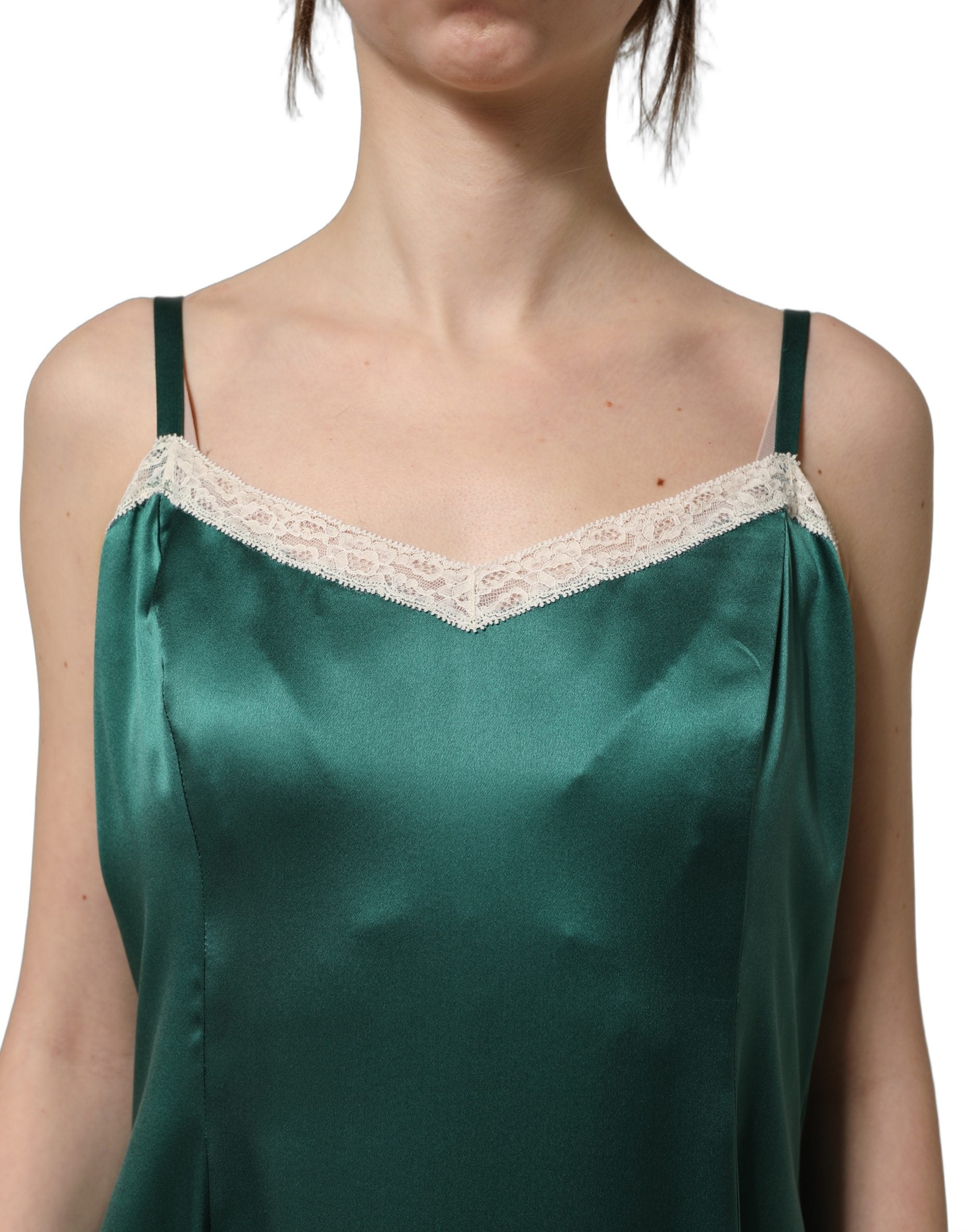 Elevate your elegance with the Dolce & Gabbana Green Satin Lace Trim Maxi Dress, a luxurious silk masterpiece that embodies exquisite craftsmanship and timeless allure.