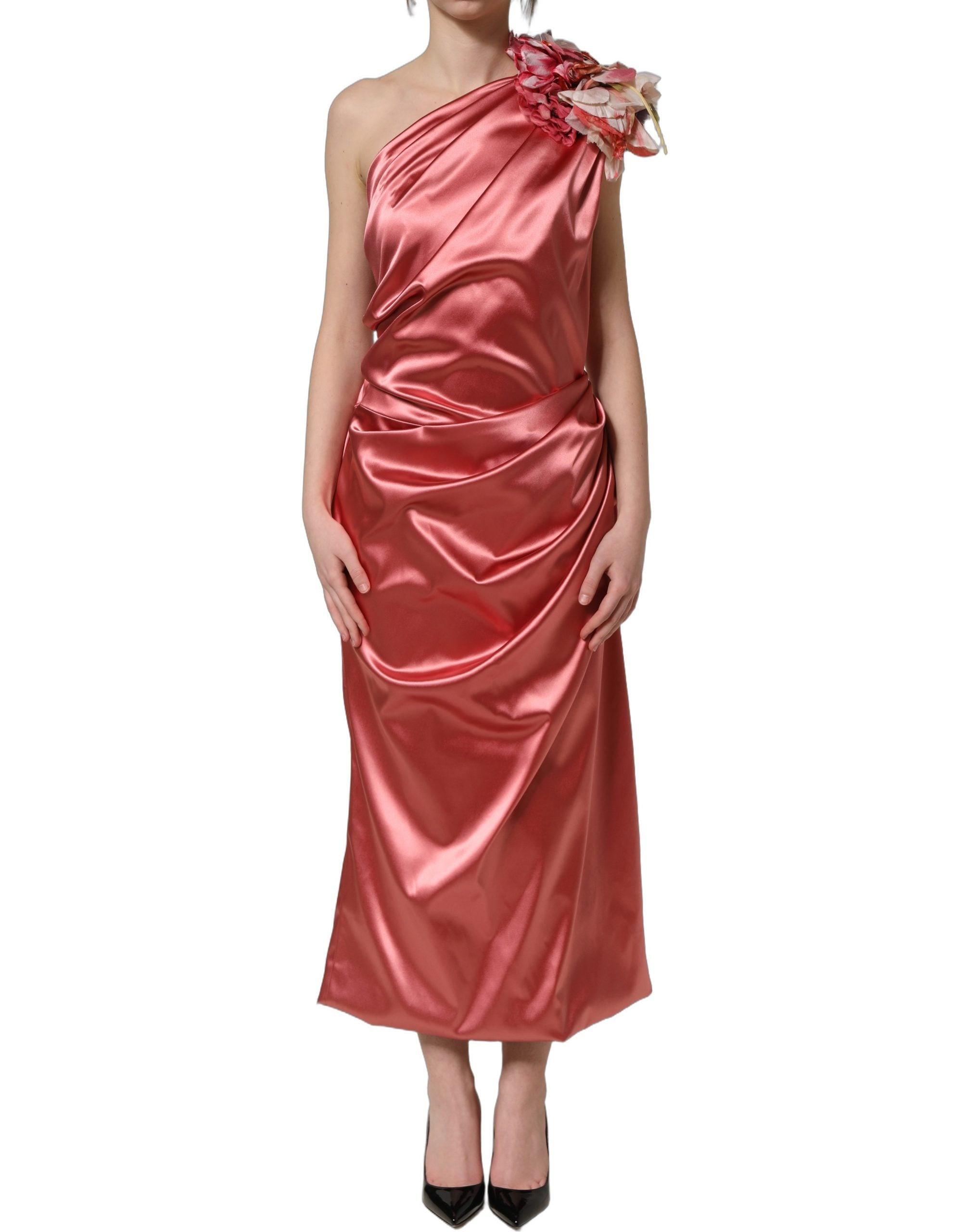 Discover the exquisite Dolce & Gabbana Pink Draped Midi Dress, a masterpiece of luxurious craftsmanship and floral elegance, perfect for sophisticated occasions.