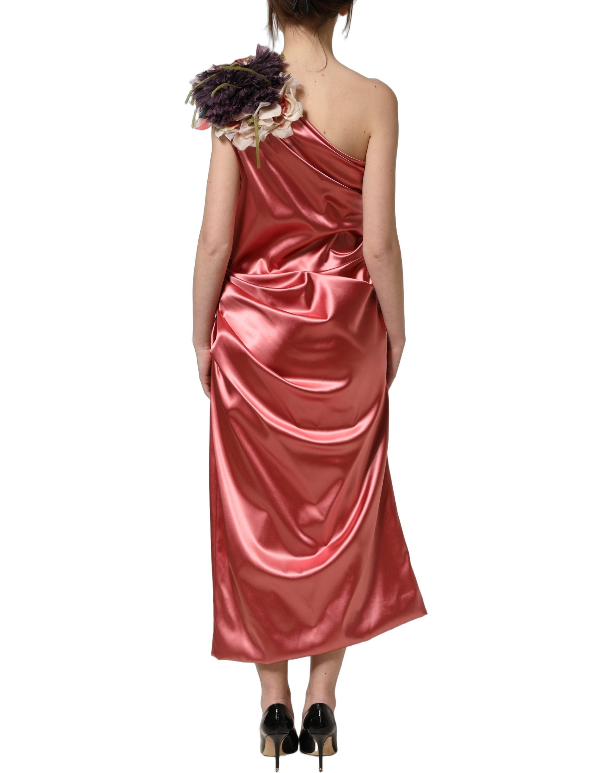 Discover the exquisite Dolce & Gabbana Pink Draped Midi Flower Appliques Dress, a masterpiece of luxurious satin and floral artistry, perfect for sophisticated occasions.