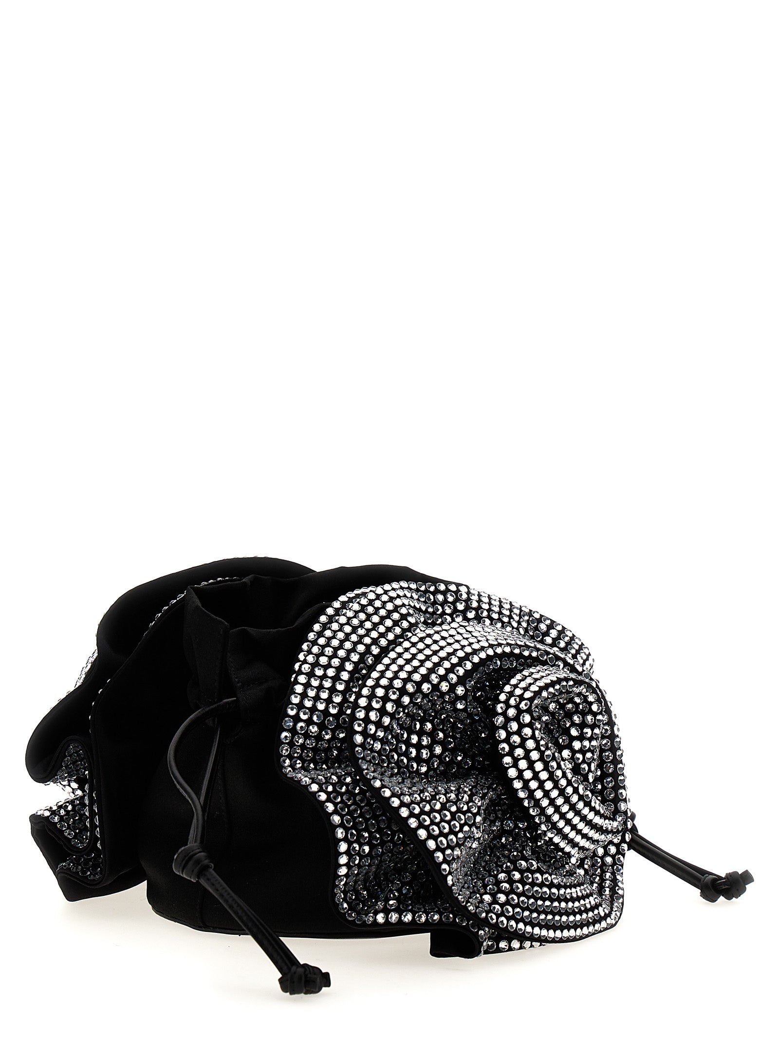 Discover the Magda Butrym Black Viscose Crossbody Bag, a fusion of silk and viscose, adorned with crystal flowers, embodying artisanal luxury for the discerning individual.