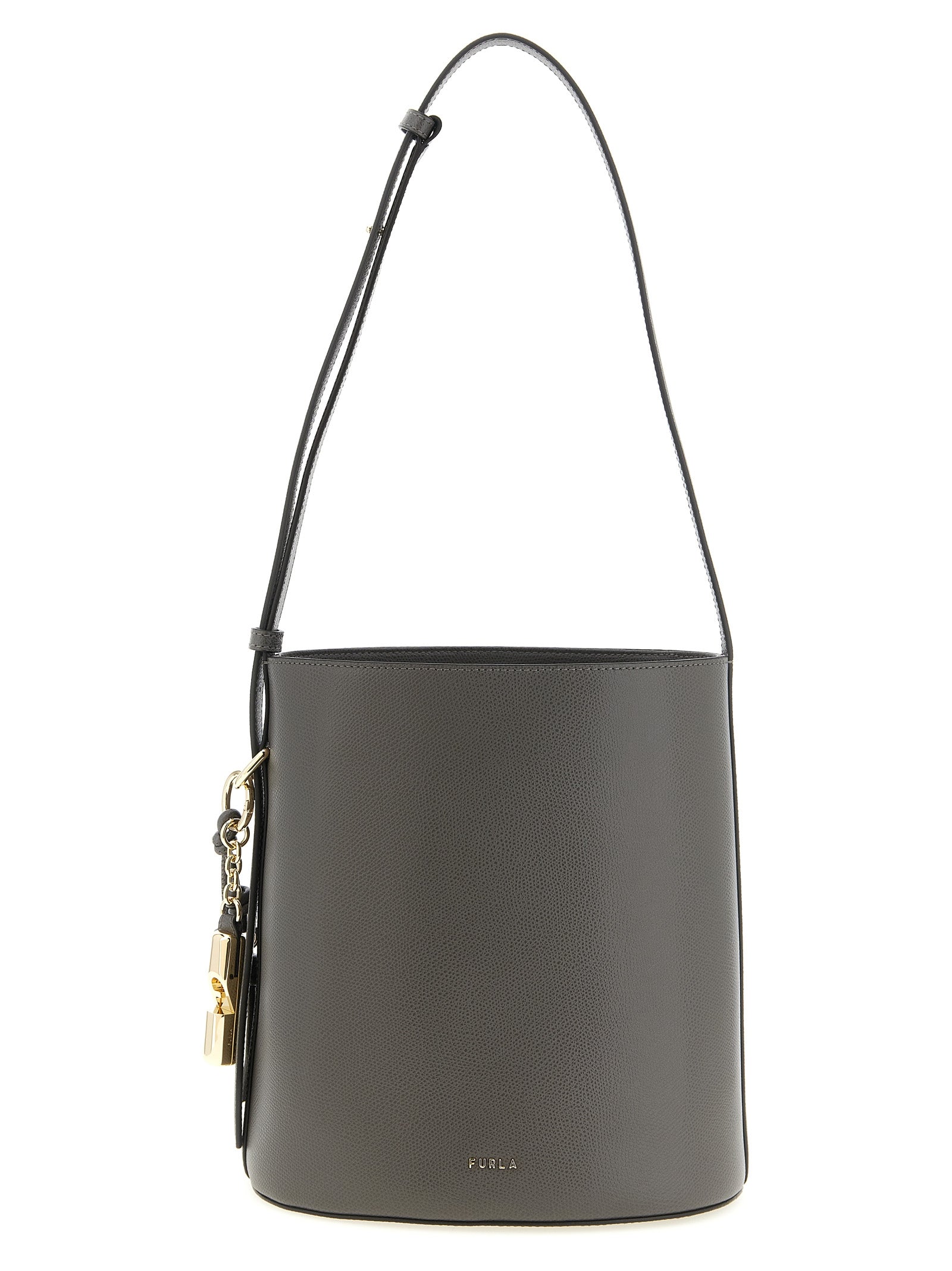 Elevate your style with the Furla Gray Calfskin Shoulder Bag, a luxurious bucket bag crafted from premium leather, embodying timeless elegance and artisanal sophistication.