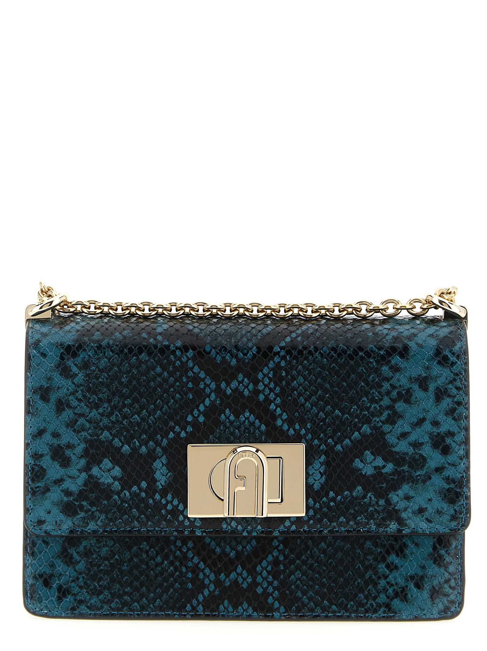 Indulge in the Furla Blue Goatskin Crossbody Bag, a masterpiece of python-printed leather from the 1927 collection, embodying timeless elegance and artisanal luxury.