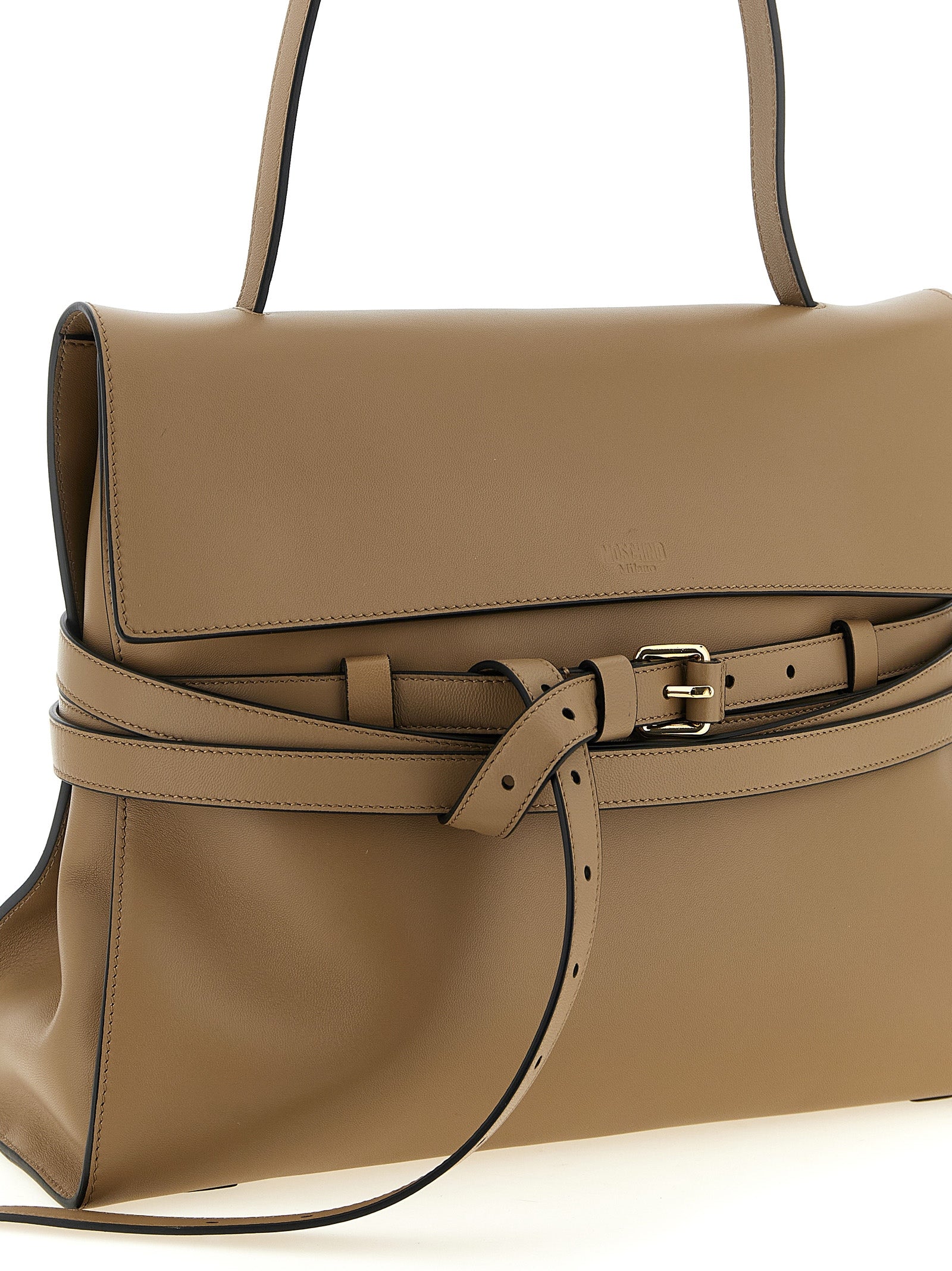 Experience the exquisite Moschino Beige Napa Leather Shoulder Bag, a masterpiece of artisanal design that elevates your style with timeless luxury and sophistication.