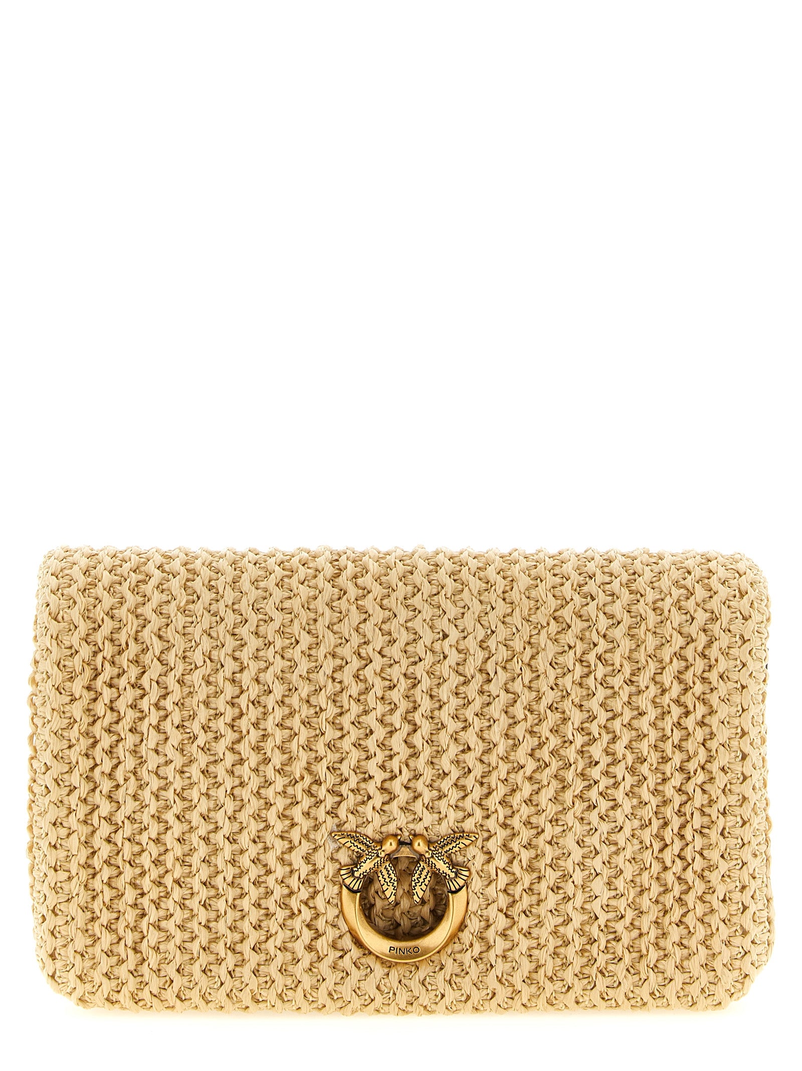Elevate your style with the PINKO Beige Polypropylene Clutch, a masterpiece of artisanal design that embodies modern luxury and timeless elegance.