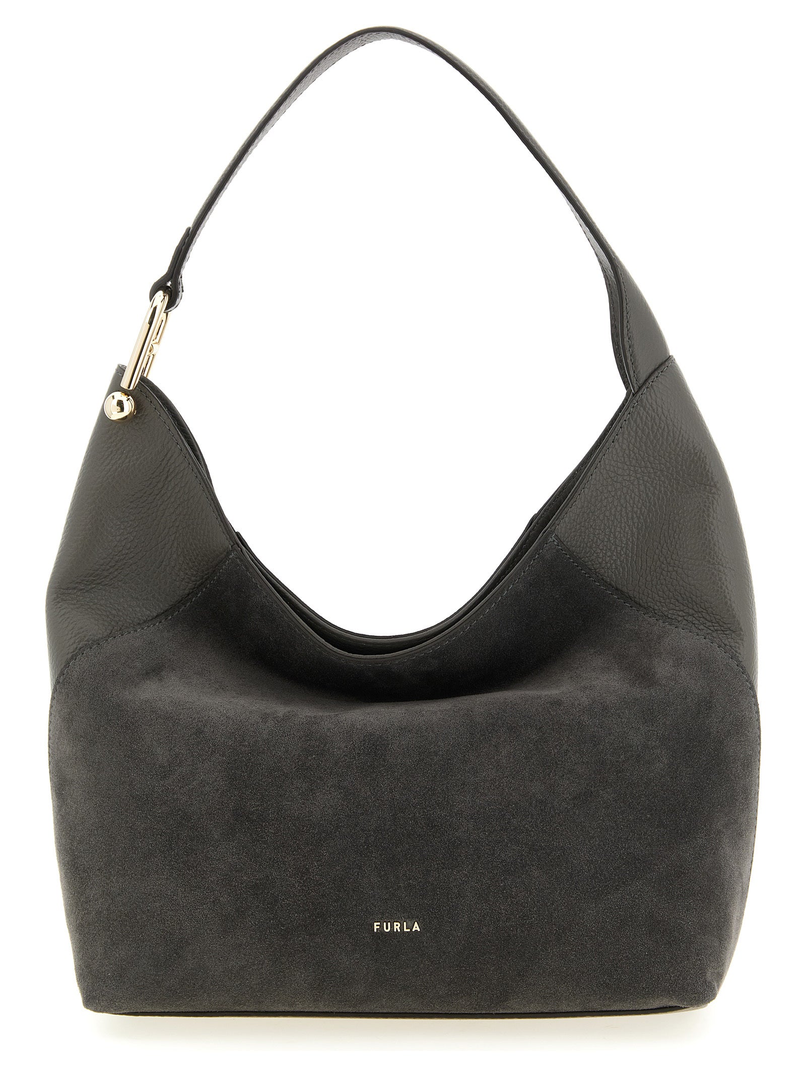 Indulge in the Furla Gray Calfskin Shoulder Bag, a luxurious blend of suede and leather, embodying sophistication and timeless elegance for the discerning individual.