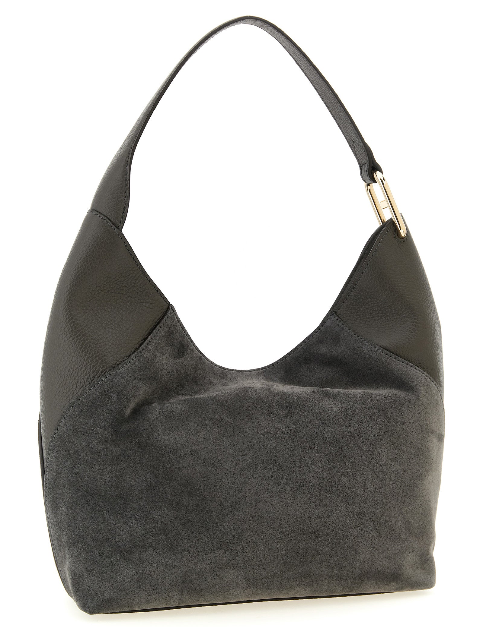 Elevate your style with the Furla Gray Calfskin Shoulder Bag, a luxurious blend of suede and smooth leather, embodying sophistication and timeless elegance for the discerning individual.