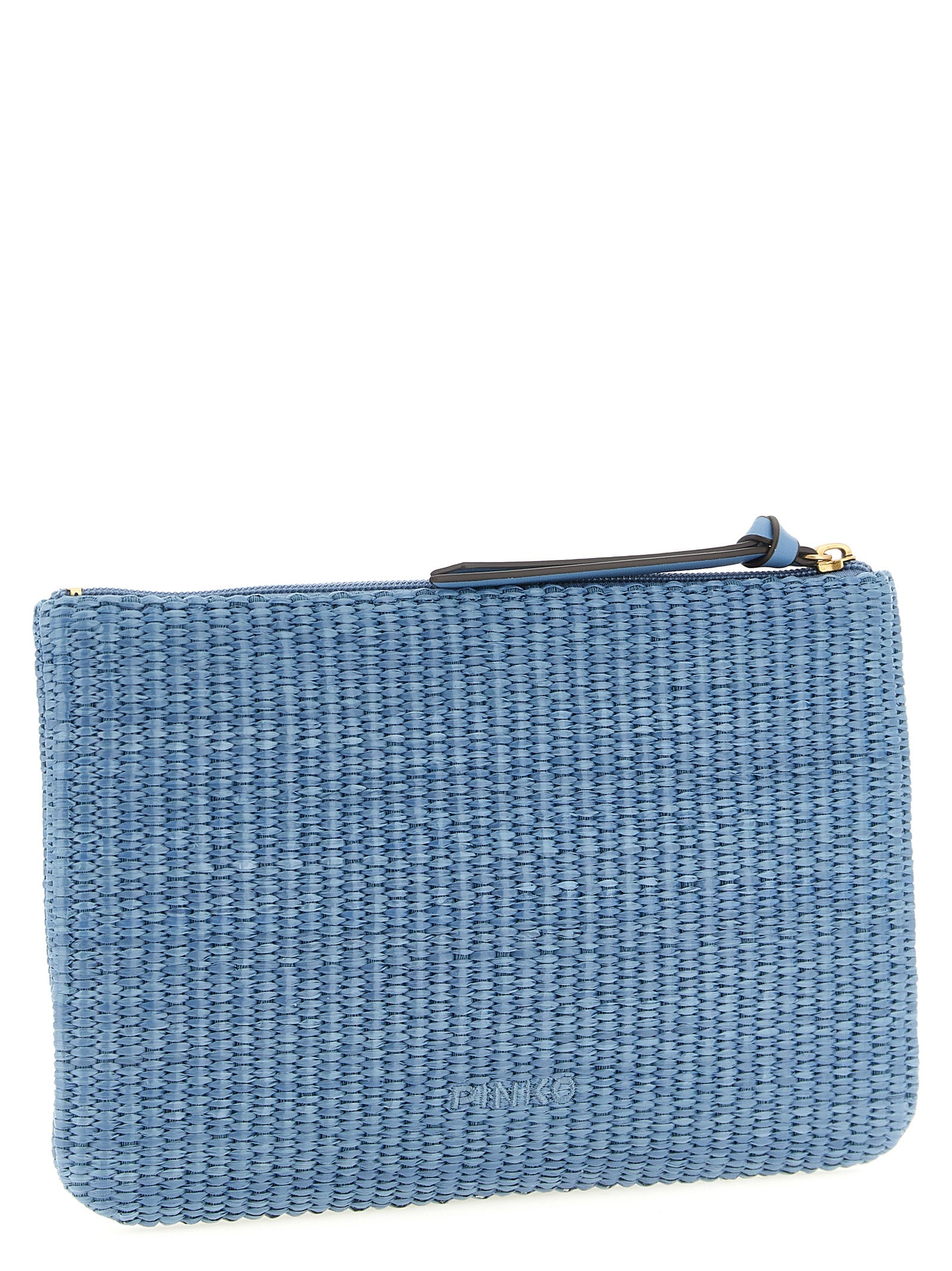 Discover the PINKO Blue Polypropylene Clutch Bag, a handcrafted masterpiece blending elegance and artisanal charm, perfect for sophisticated occasions.