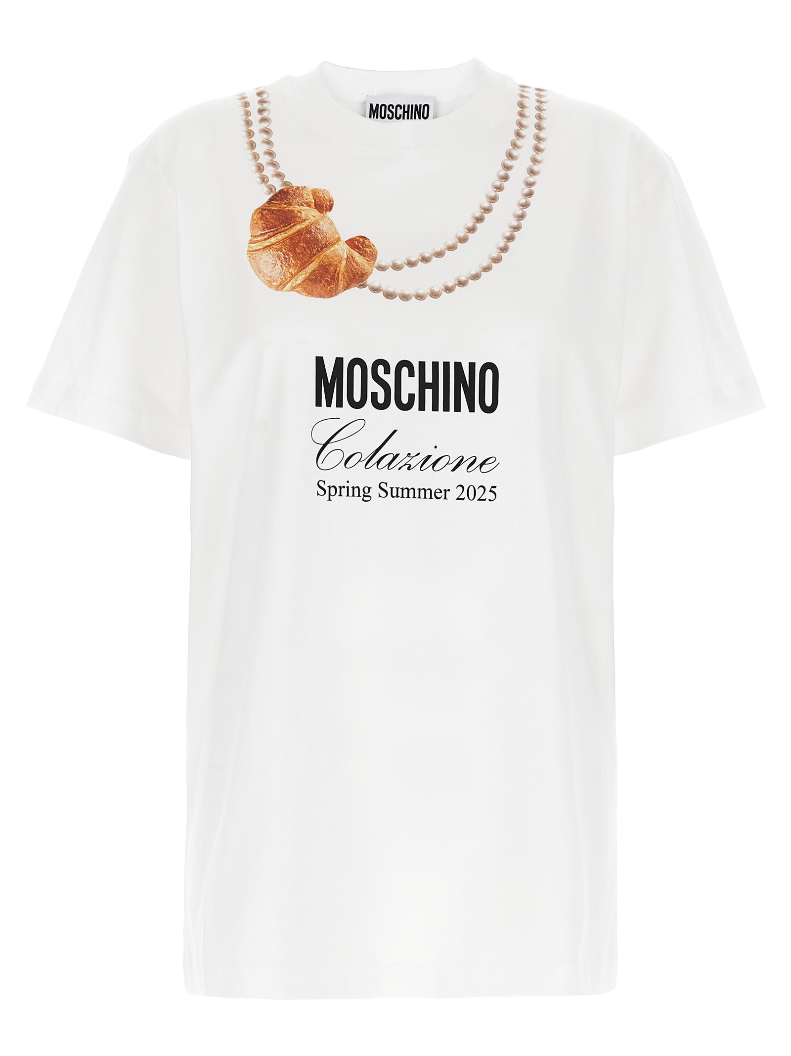 Elevate your wardrobe with the Moschino White Cotton T-Shirt from the Colazione Spring Summer 2025 collection, a luxurious blend of comfort and playful sophistication.