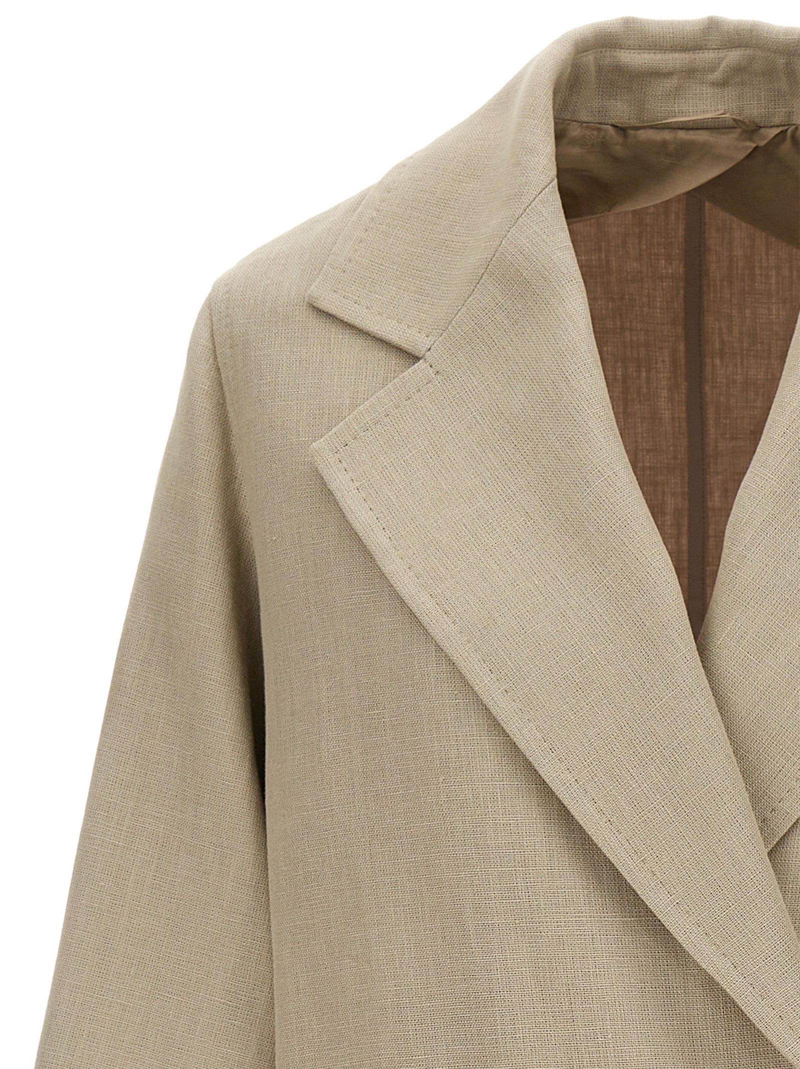 Elevate your style with the Max Mara Beige Linen Coat, a masterpiece of artisanal craftsmanship in 100% linen, perfect for sophisticated occasions.